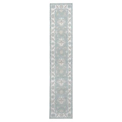 Contemporary Oushak Runner in Powder Blue with Floral Medallions, 14'2"
