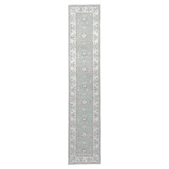 Contemporary Oushak Runner in Sage Green and Ivory, 14'2"