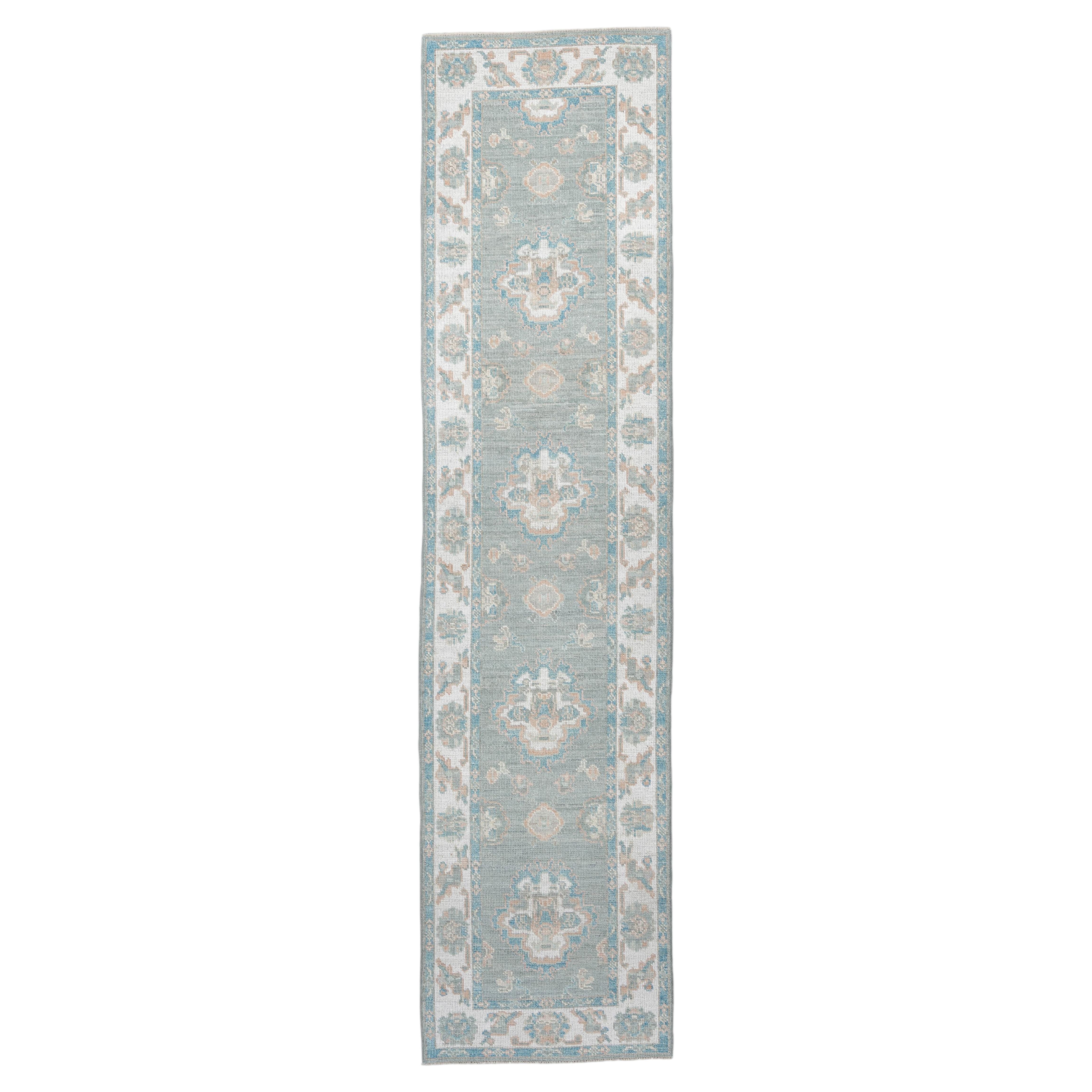 Contemporary Oushak Runner in Seafoam Green with Ivory Medallions, 12'0"