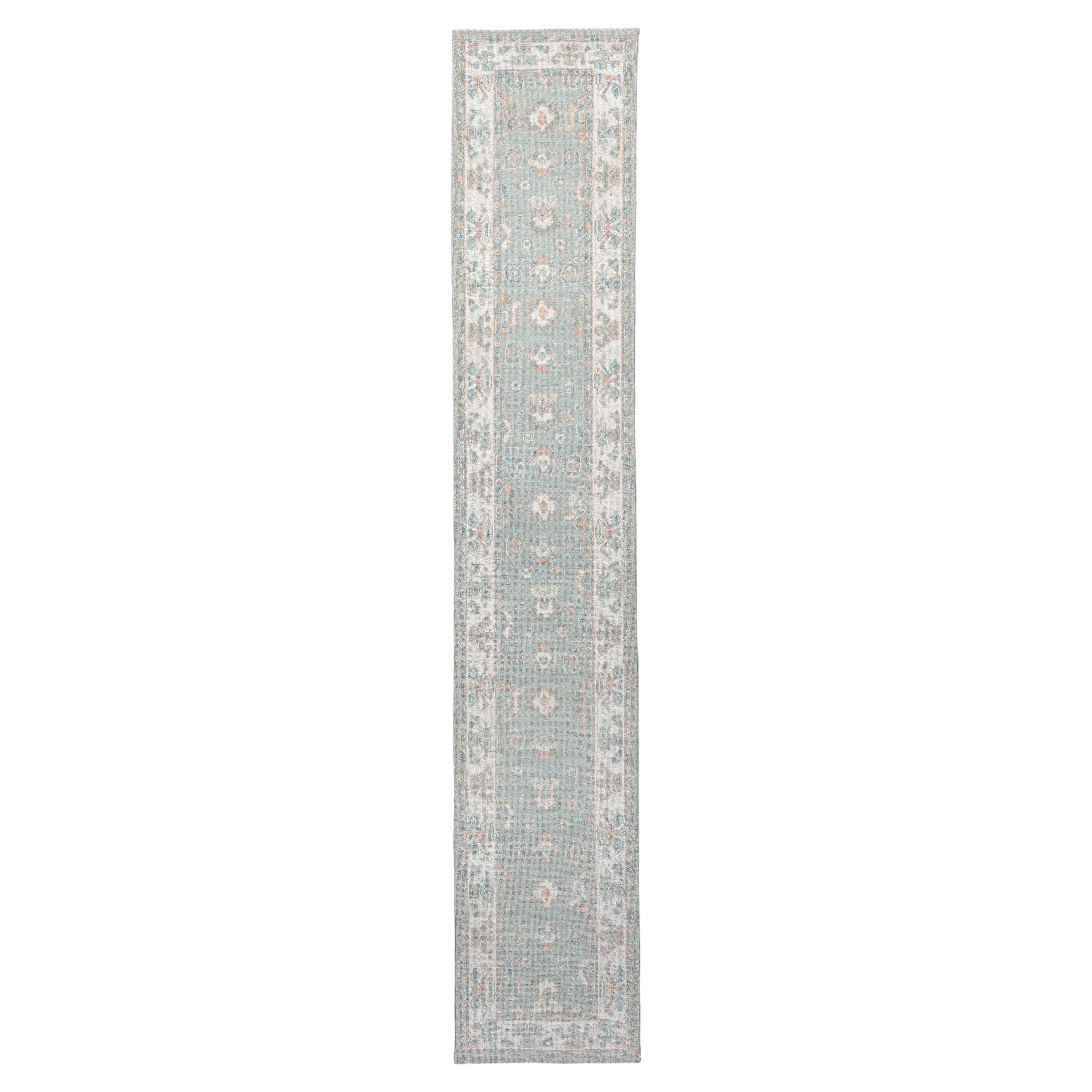 Contemporary Oushak Runner in Seafoam with Coral Accents, 16'0" For Sale