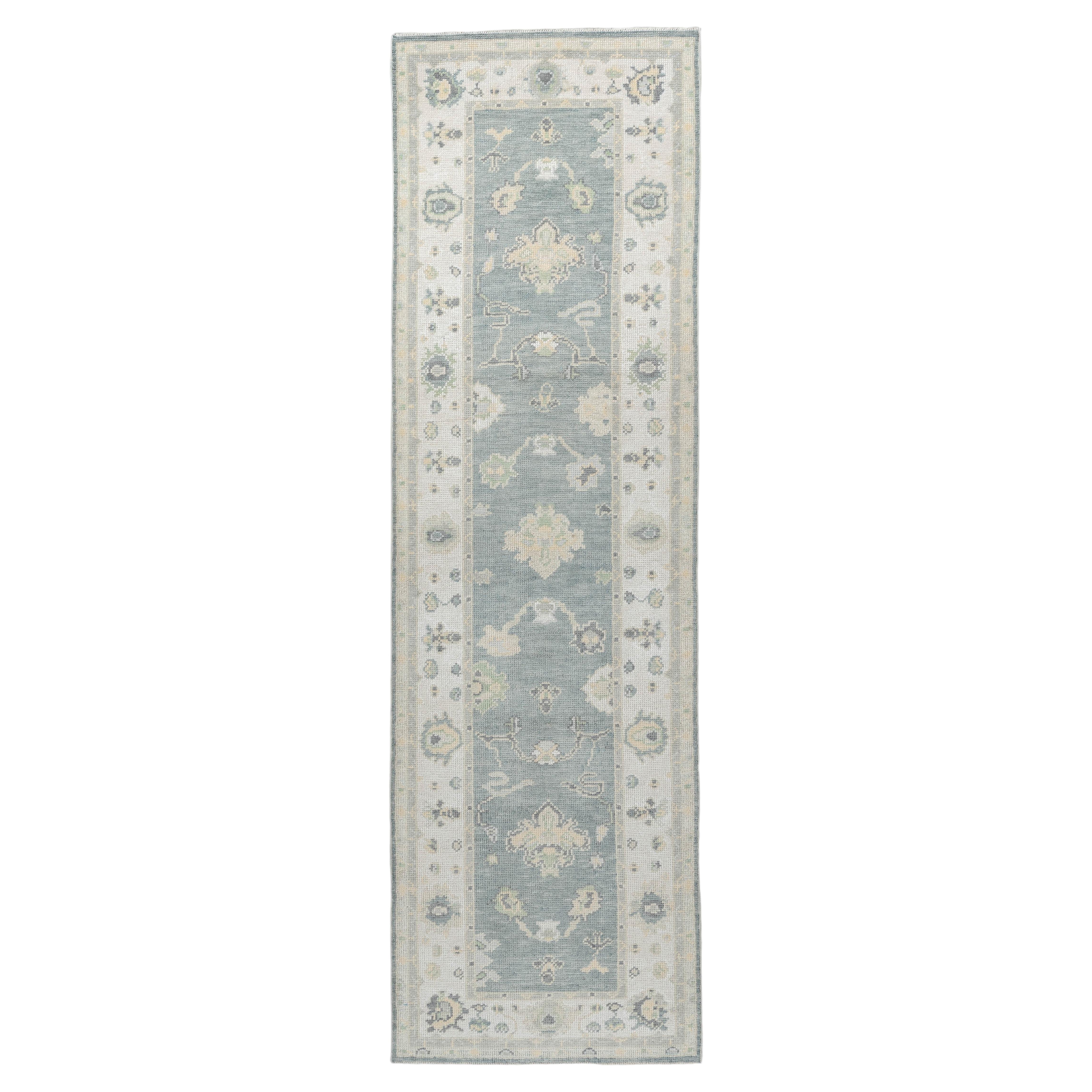 Contemporary Oushak Runner in Slate Blue and Ivory, 9'8" For Sale