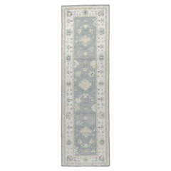 Contemporary Oushak Runner in Slate Blue and Ivory, 9'8"