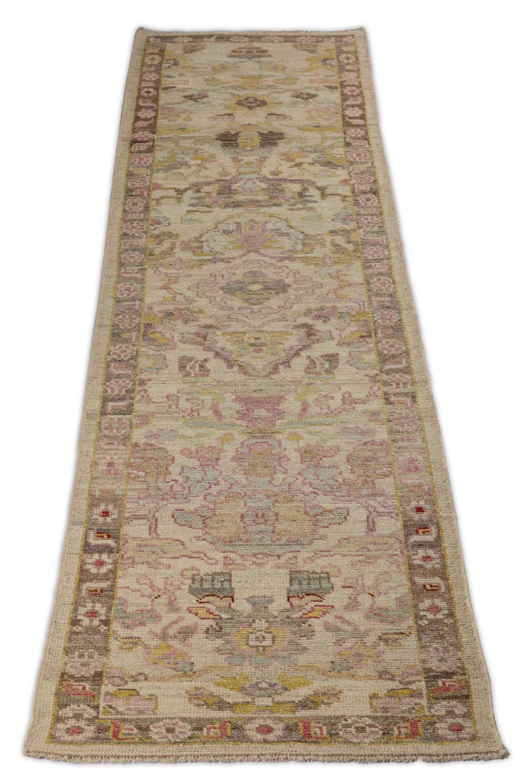 Contemporary Oushak Runner Rug from Turkey with Brown and Pink Floral ...