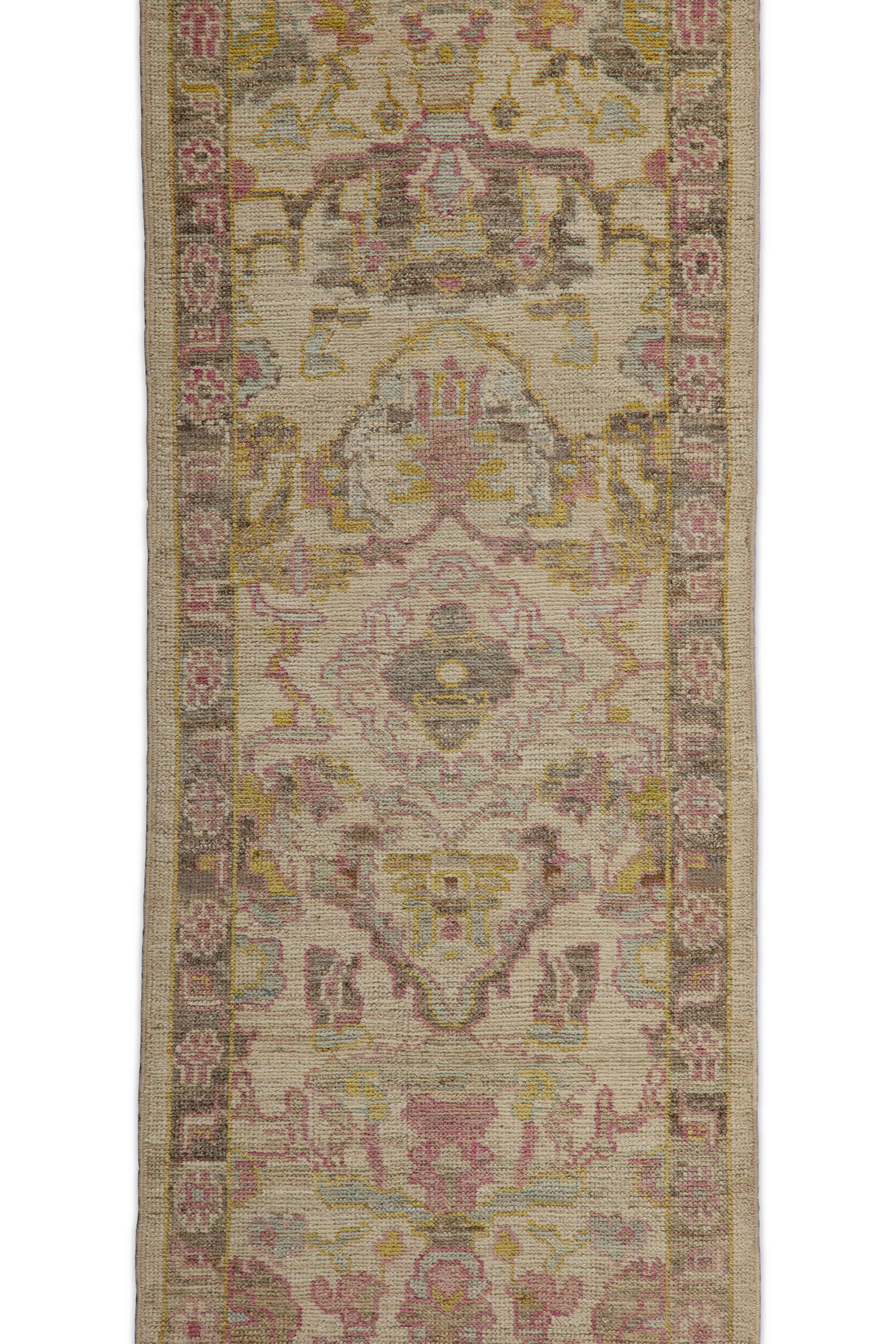 Turkish Contemporary Oushak Runner Rug from Turkey with Brown and Pink Floral Patterns For Sale