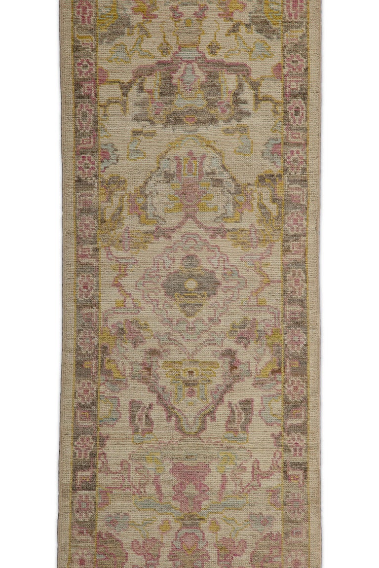 Contemporary Oushak Runner Rug from Turkey with Brown and Pink Floral ...