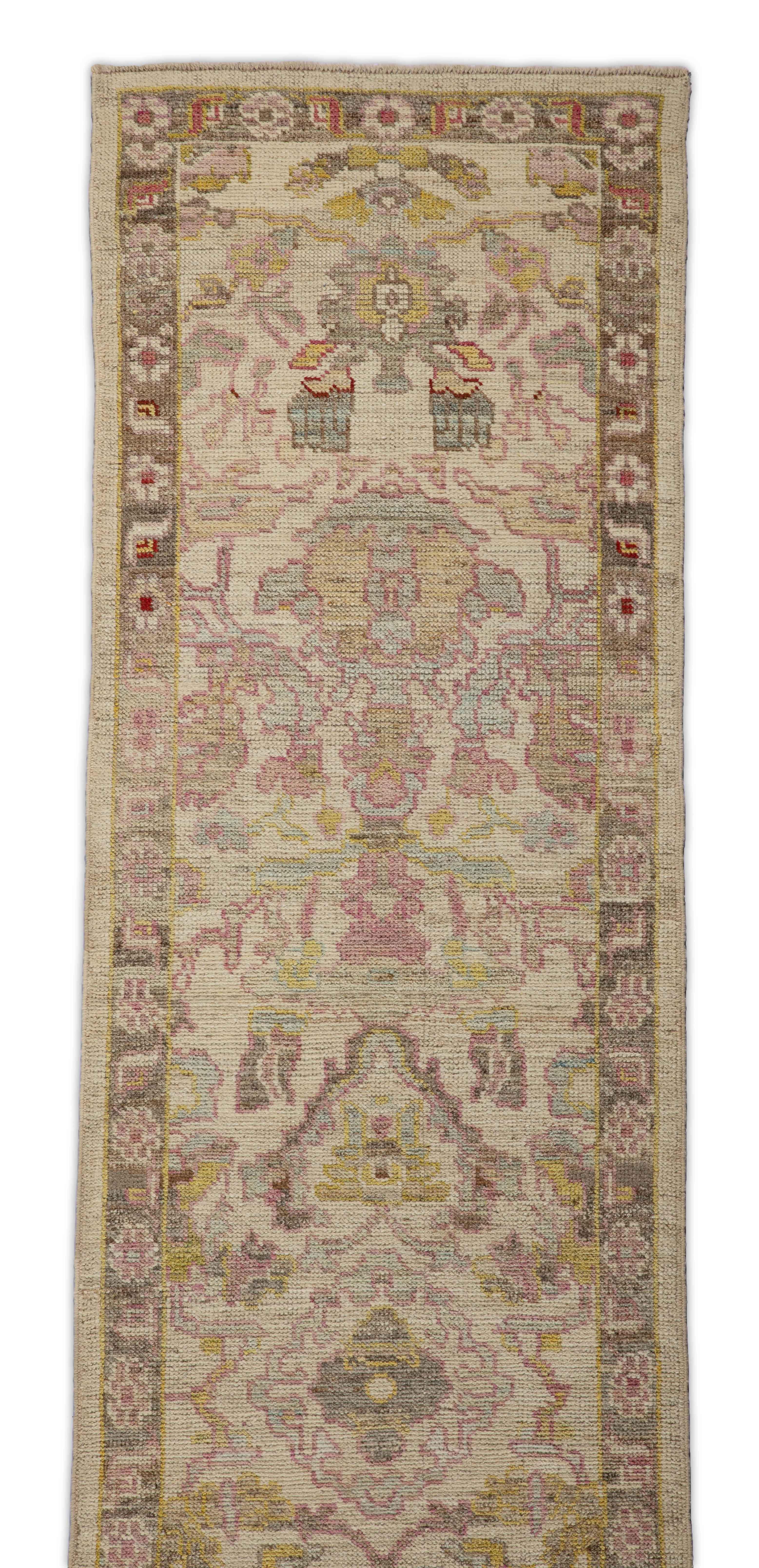 Hand-Woven Contemporary Oushak Runner Rug from Turkey with Brown and Pink Floral Patterns For Sale