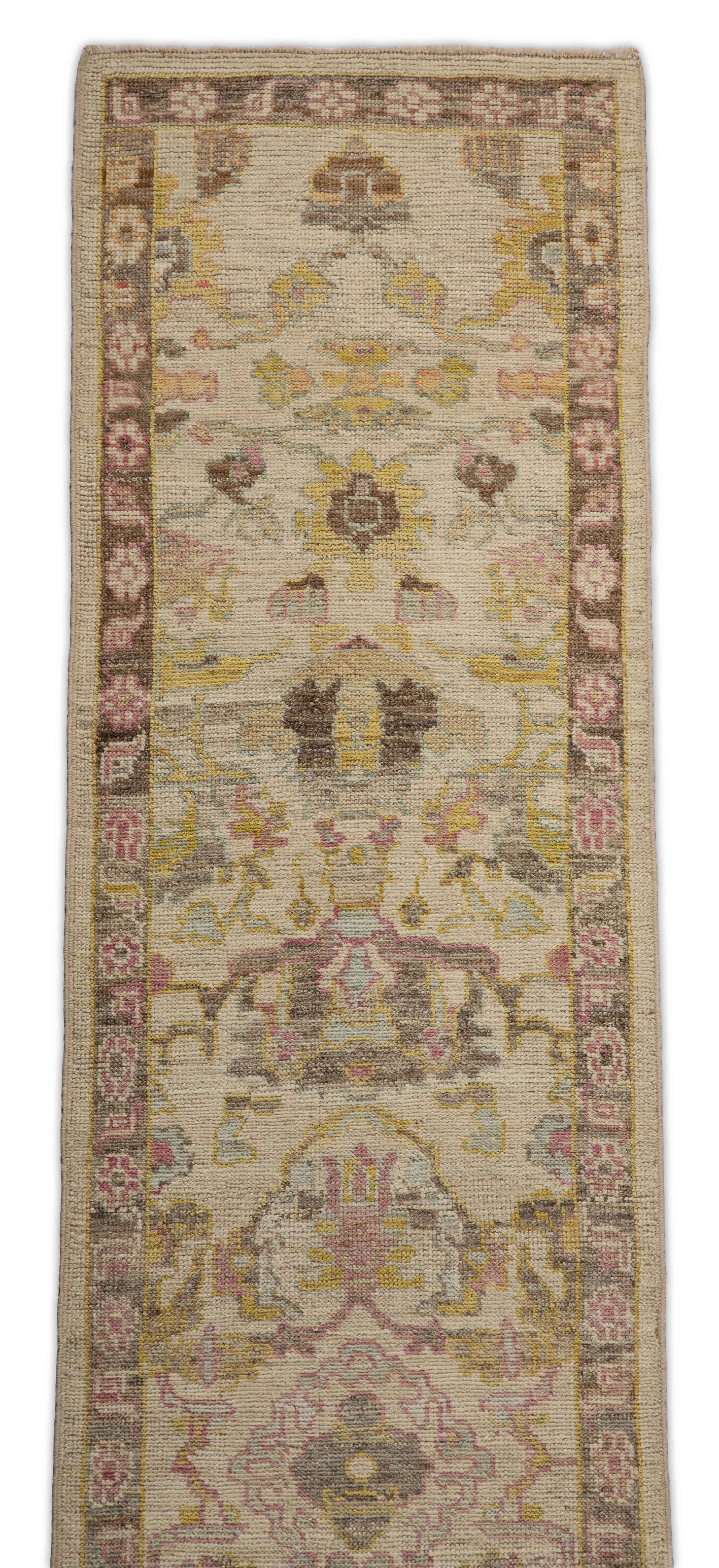 Contemporary Oushak Runner Rug from Turkey with Brown and Pink Floral Patterns In New Condition For Sale In Dallas, TX