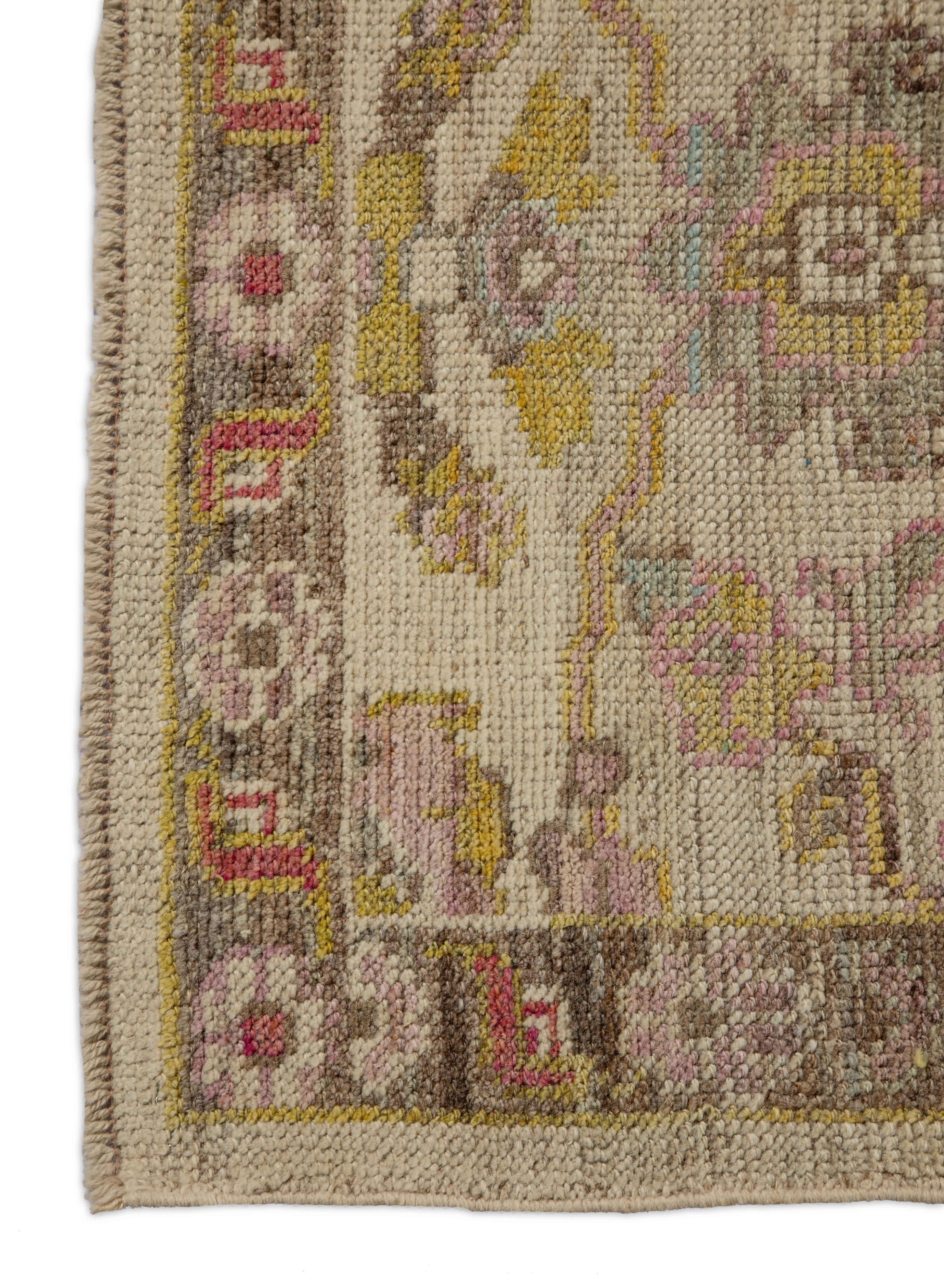 Wool Contemporary Oushak Runner Rug from Turkey with Brown and Pink Floral Patterns For Sale