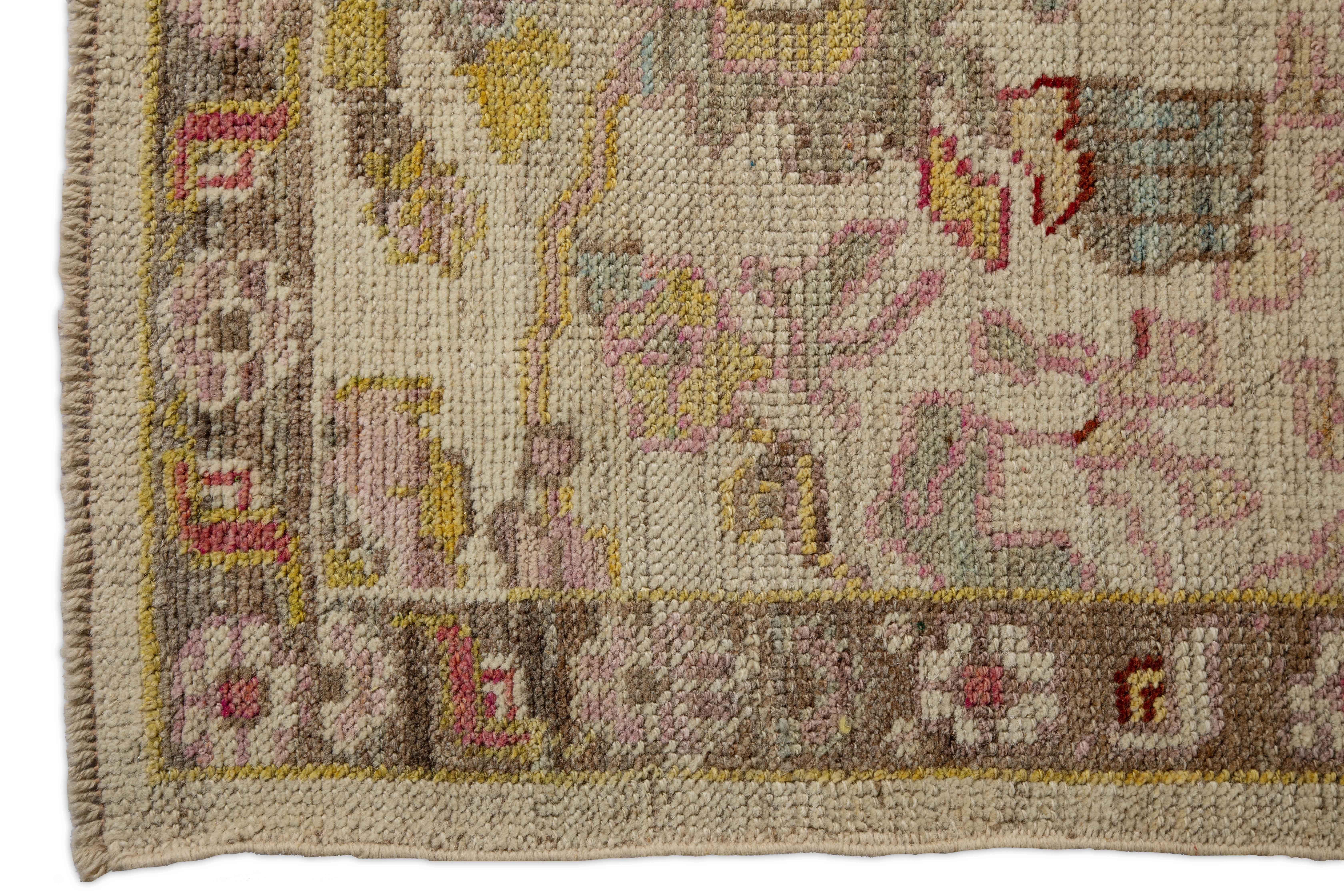 Contemporary Oushak Runner Rug from Turkey with Brown and Pink Floral Patterns For Sale 1