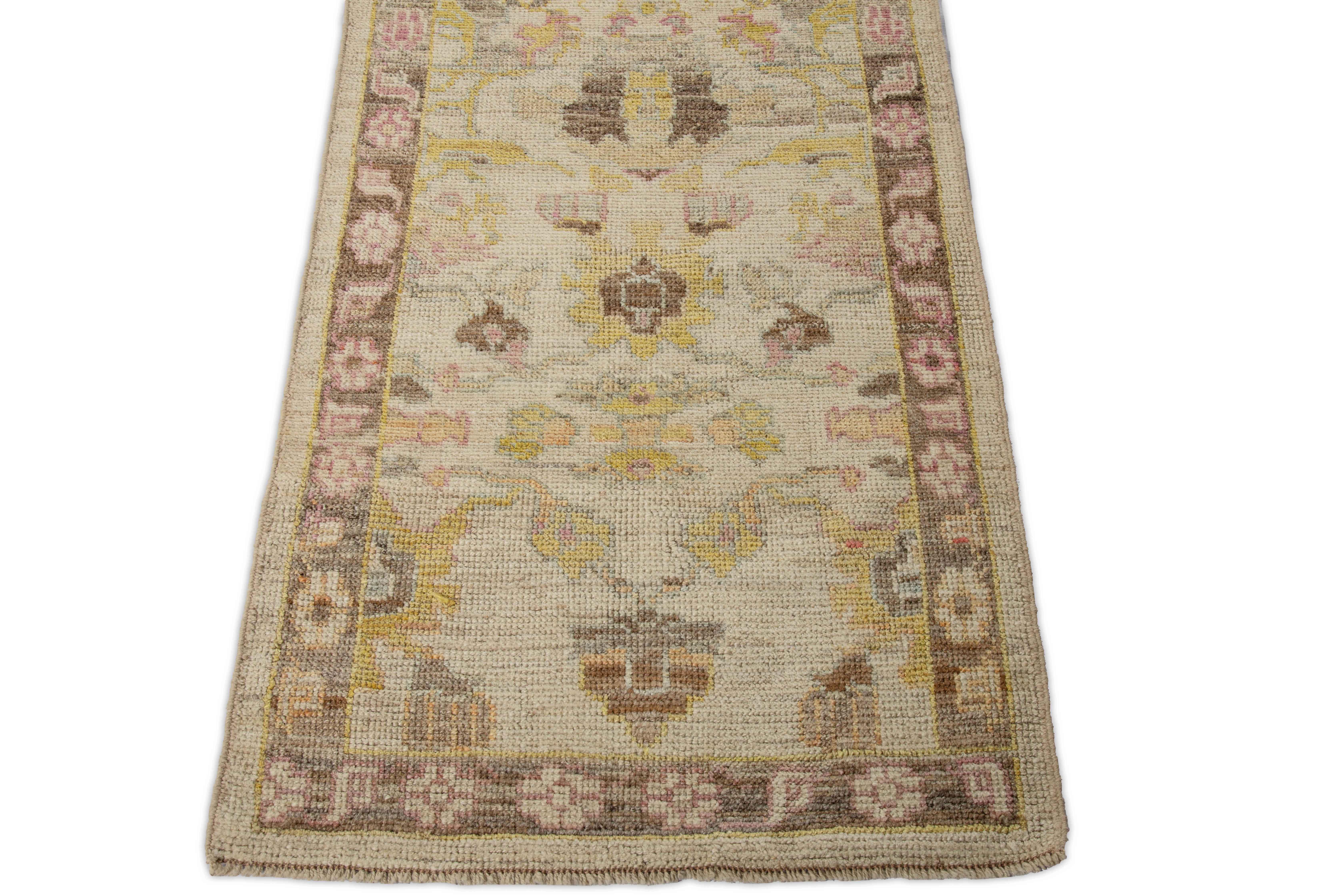 Contemporary Oushak Runner Rug from Turkey with Brown and Pink Floral Patterns For Sale 3