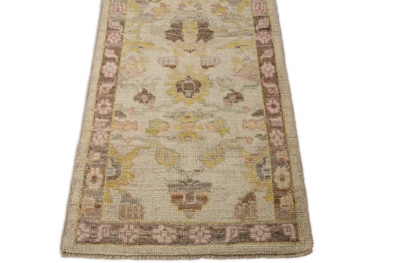Contemporary Oushak Runner Rug from Turkey with Brown and Pink Floral ...