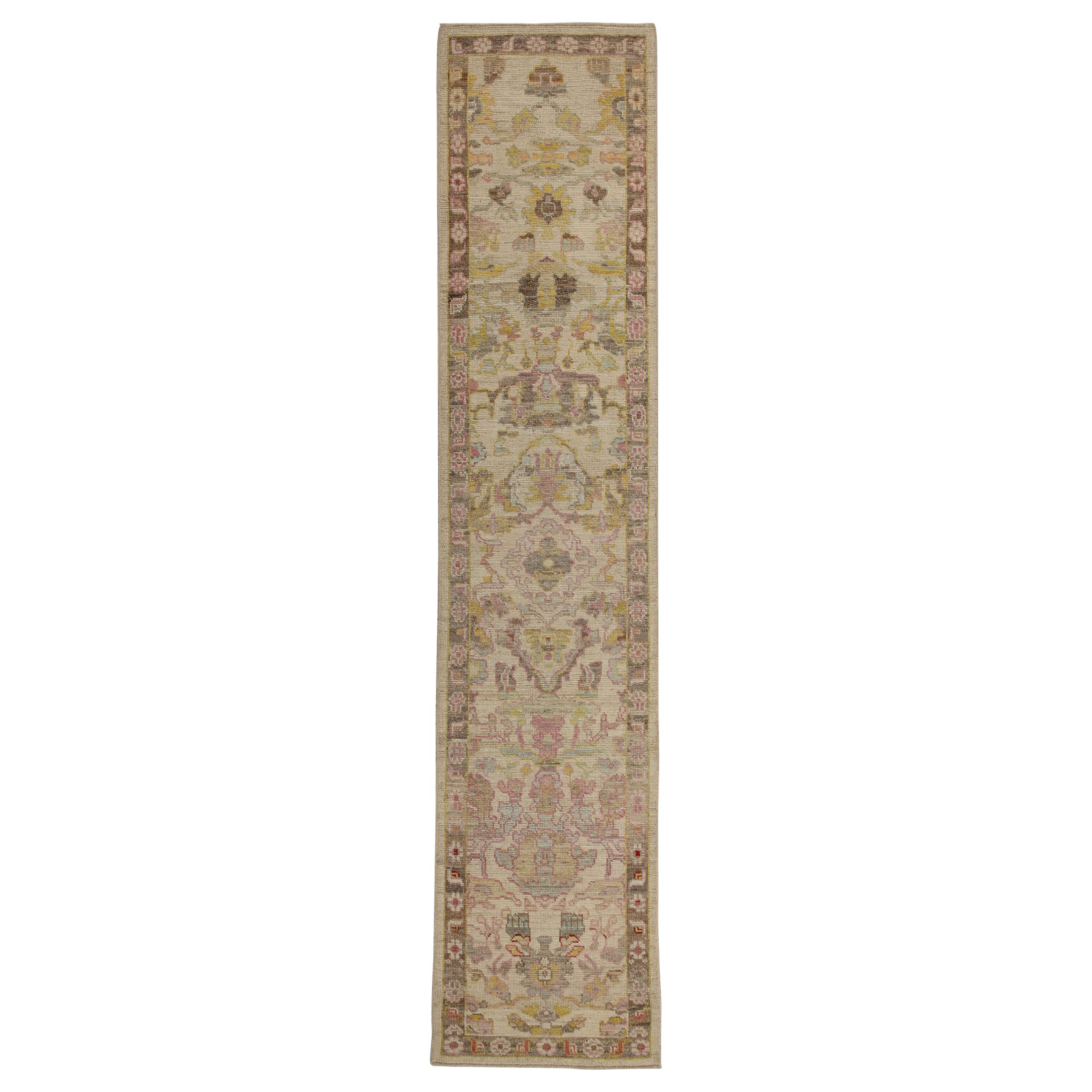 Contemporary Oushak Runner Rug from Turkey with Brown and Pink Floral Patterns For Sale