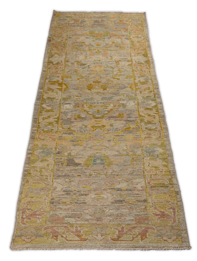 Contemporary Oushak Runner Rug from Turkey with Gold and Brown Floral ...