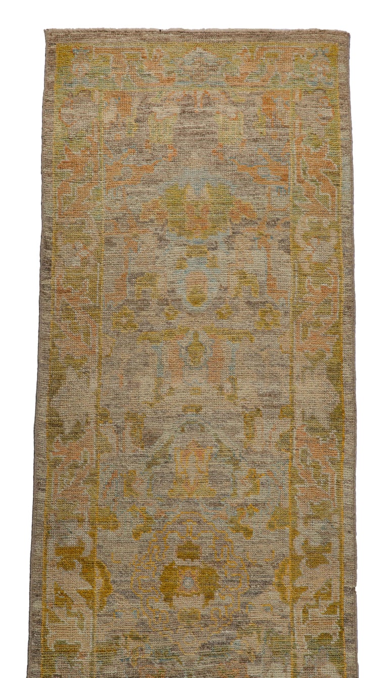 Contemporary Oushak Runner Rug from Turkey with Gold and Brown Floral ...