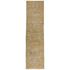 Contemporary Oushak Runner Rug from Turkey with Gold and Brown Floral Patterns
