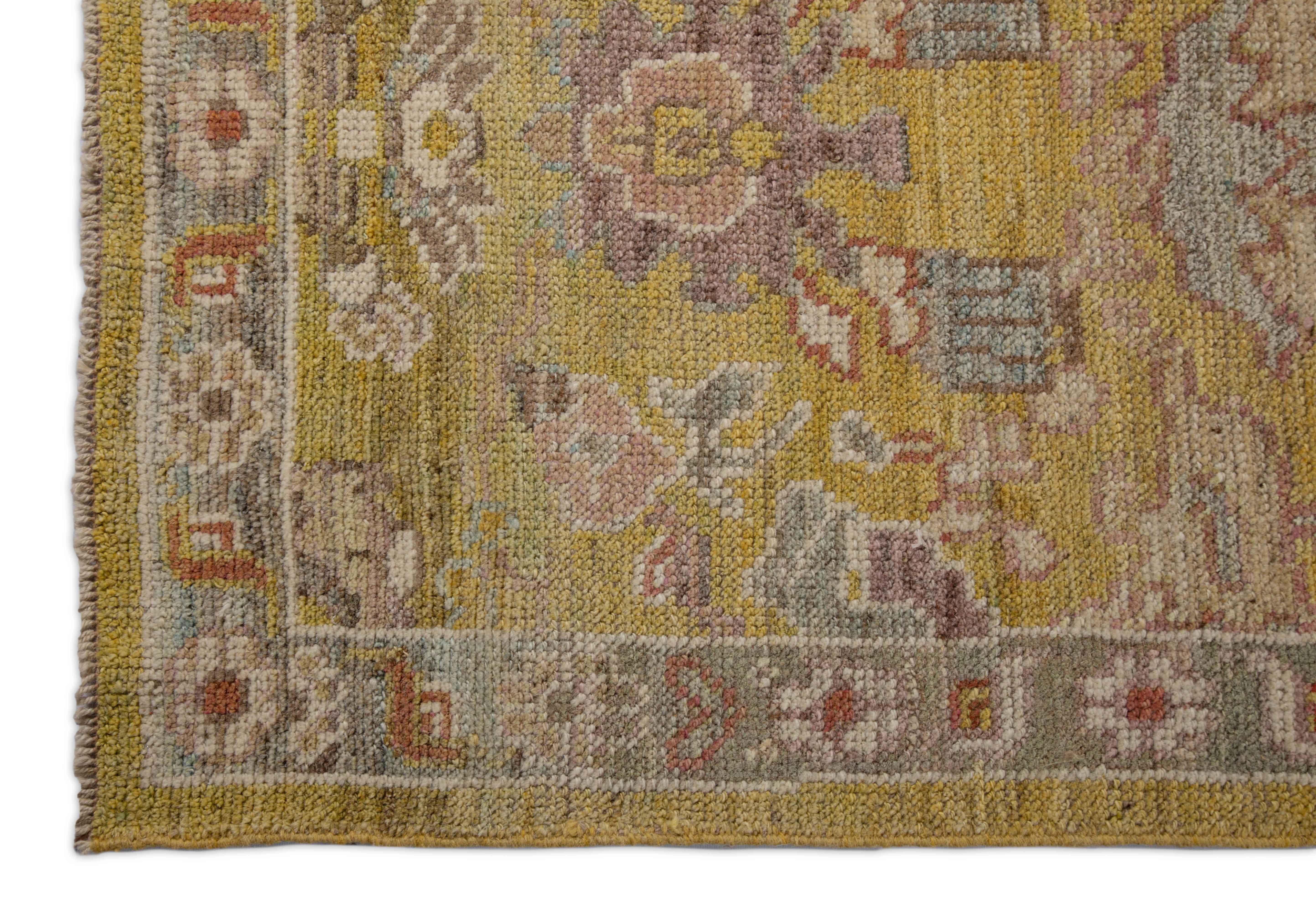 Turkish Contemporary Oushak Runner Rug from Turkey with Gold and Pink Floral Patterns For Sale