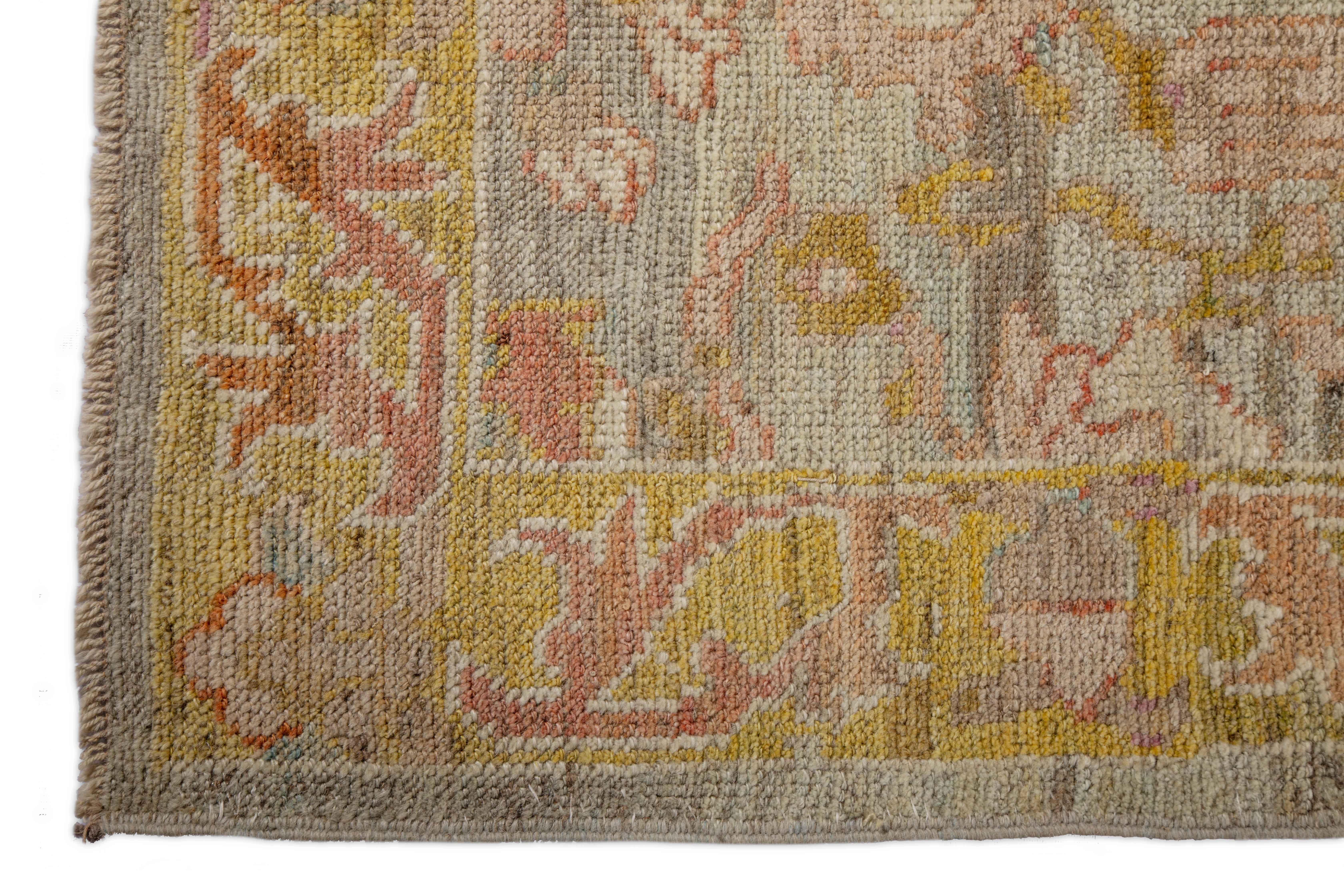 Turkish Contemporary Oushak Runner Rug from Turkey with Gold and Pink Floral Patterns