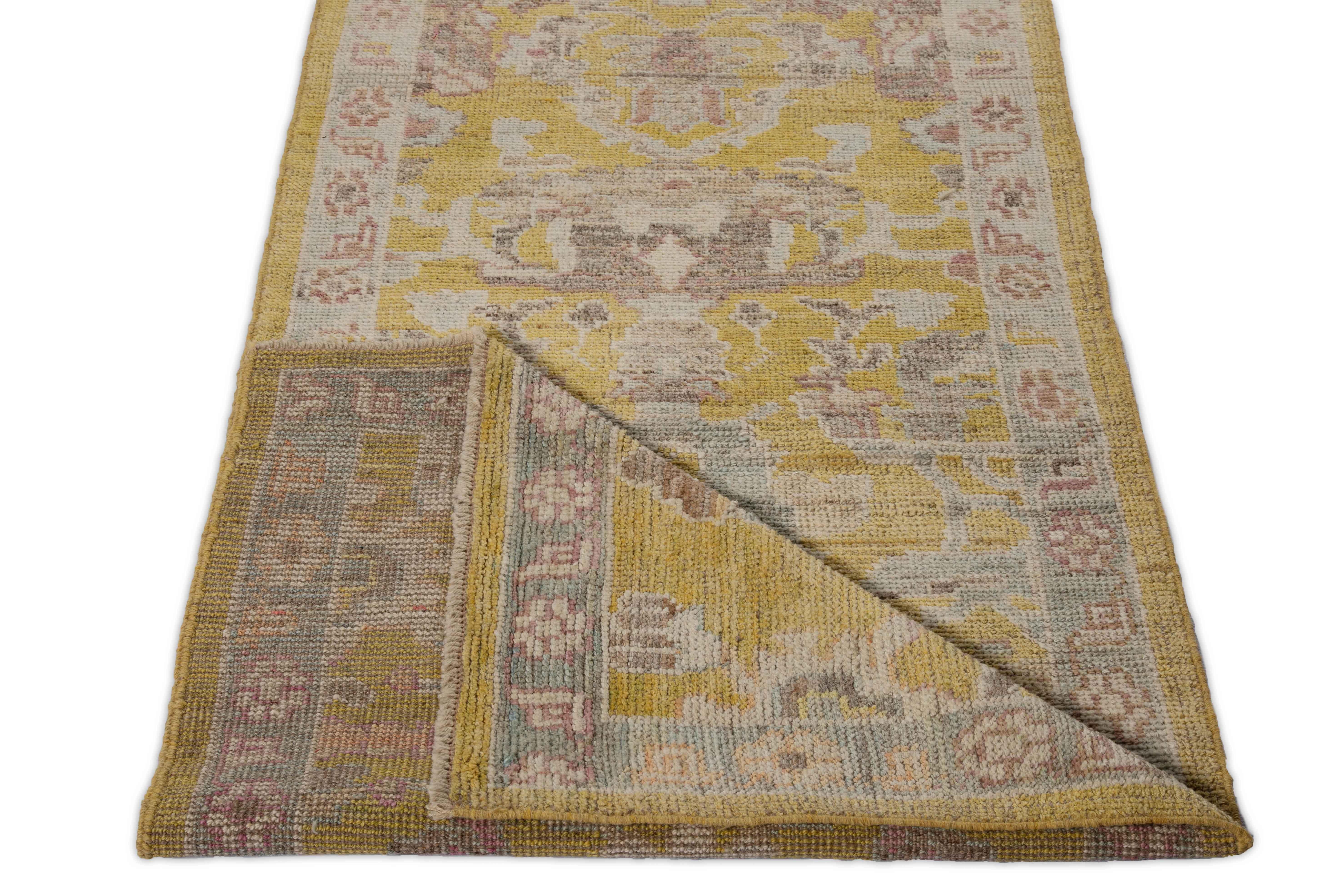 Hand-Woven Contemporary Oushak Runner Rug from Turkey with Gold and Pink Floral Patterns For Sale