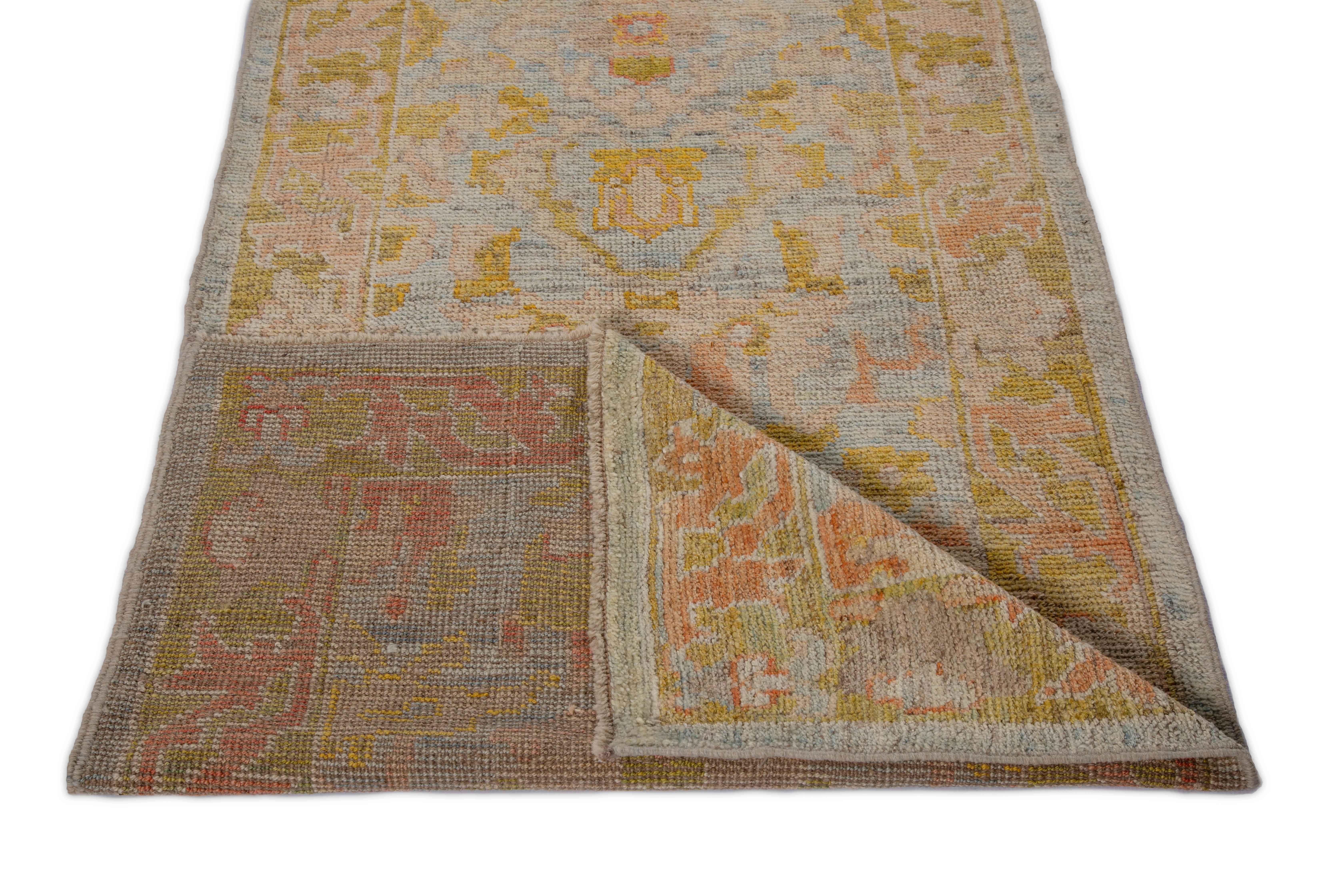 Hand-Woven Contemporary Oushak Runner Rug from Turkey with Gold and Pink Floral Patterns