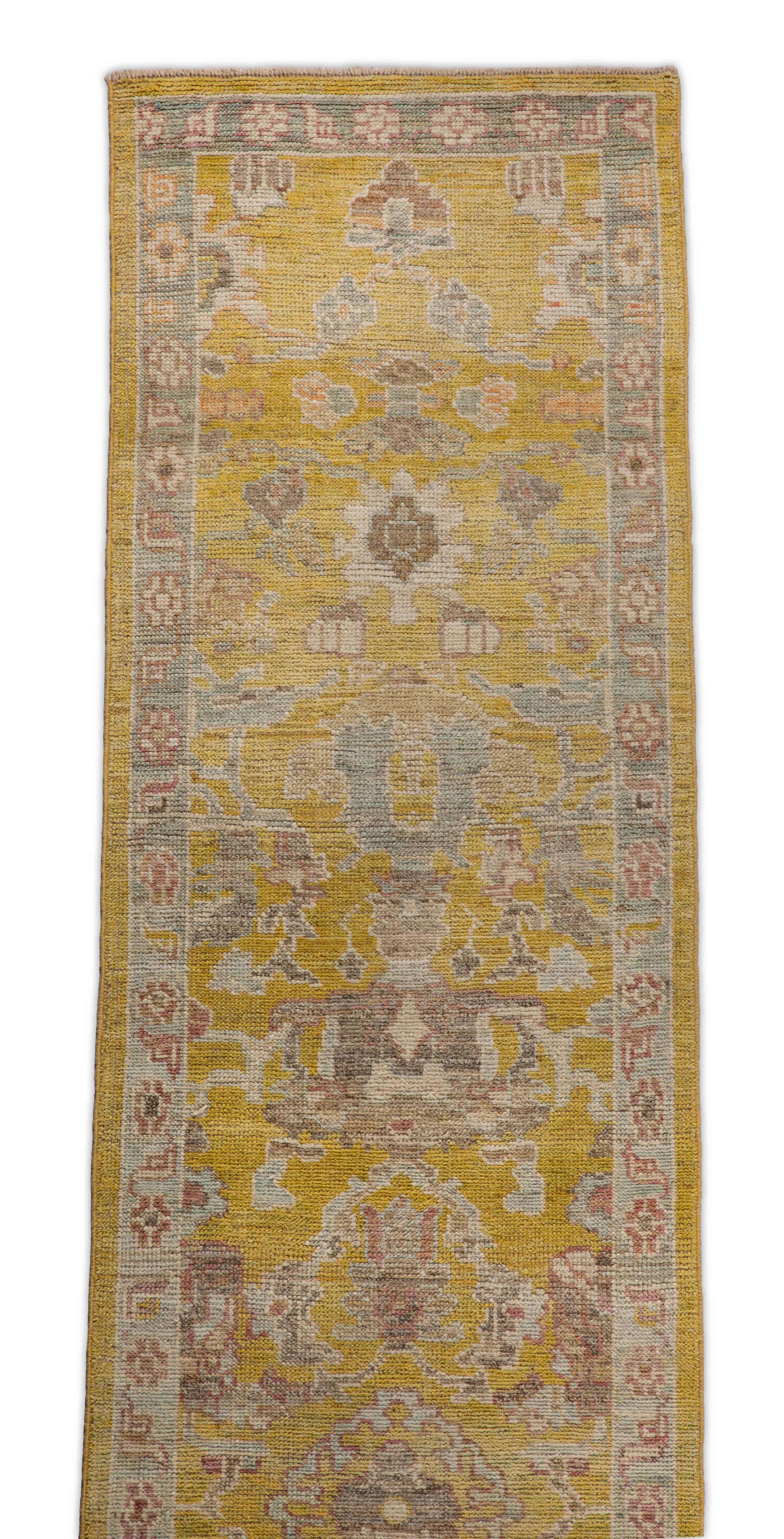 Contemporary Oushak Runner Rug from Turkey with Gold and Pink Floral Patterns In New Condition For Sale In Dallas, TX