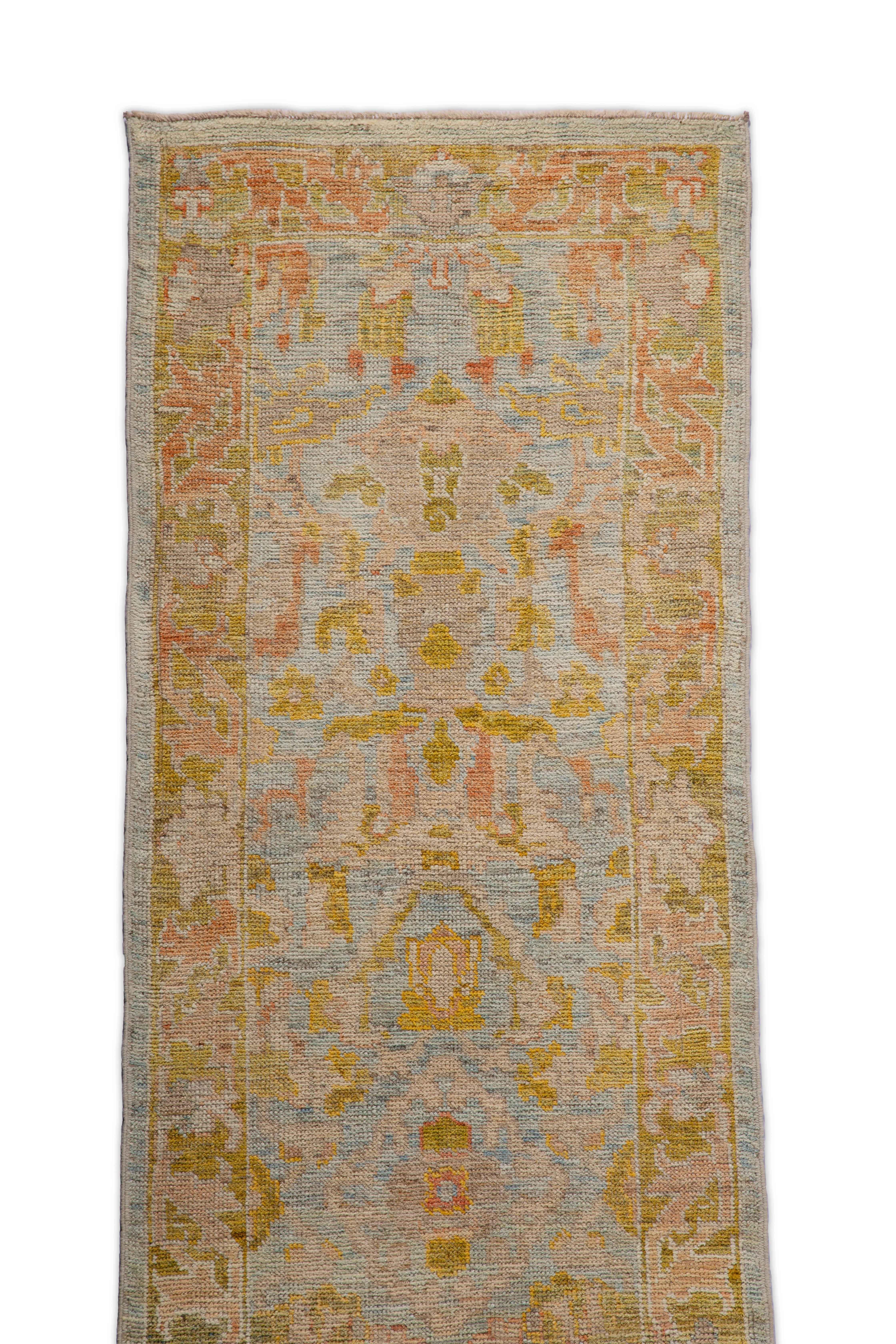 Contemporary Oushak Runner Rug from Turkey with Gold and Pink Floral Patterns In New Condition In Dallas, TX