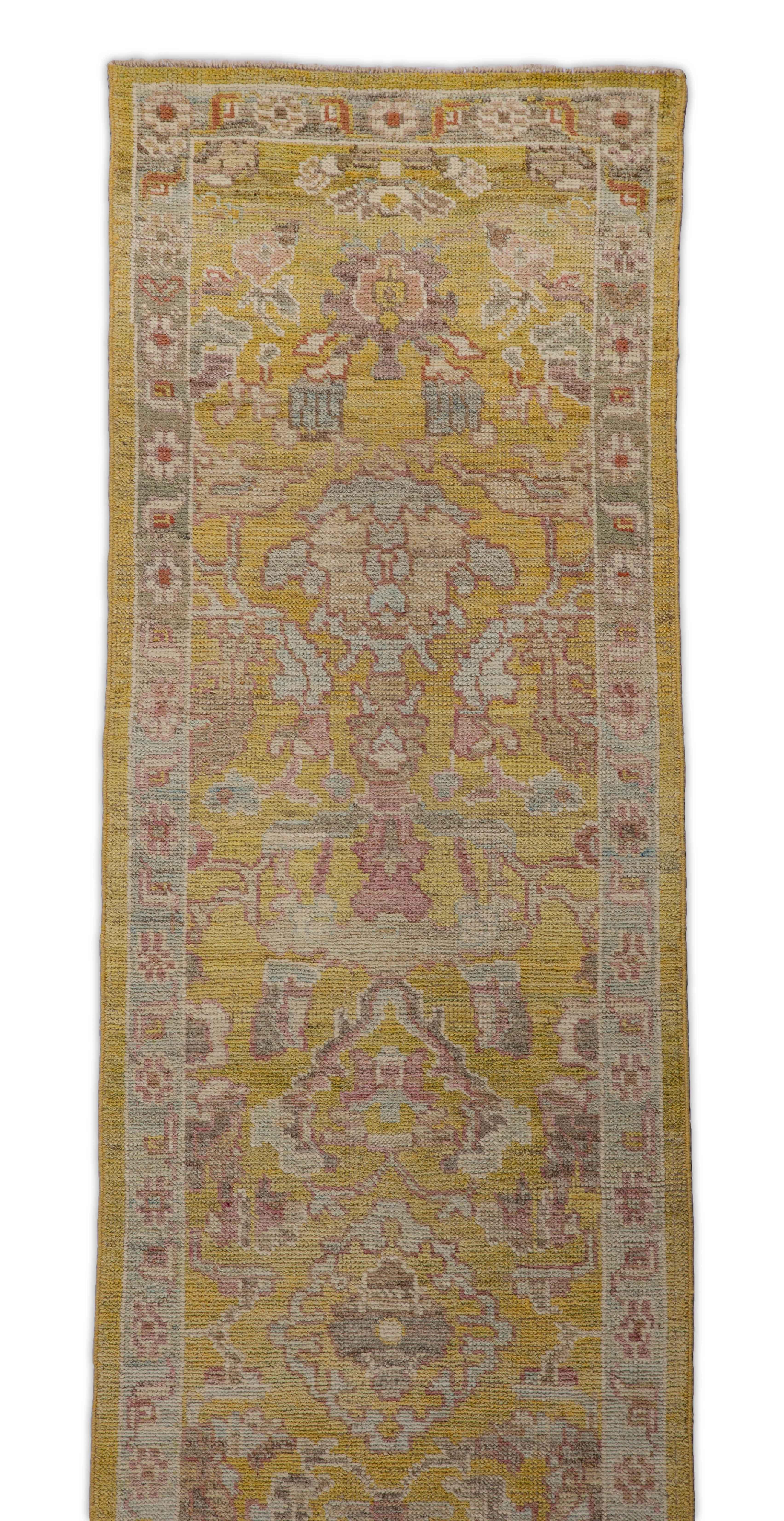 Wool Contemporary Oushak Runner Rug from Turkey with Gold and Pink Floral Patterns For Sale