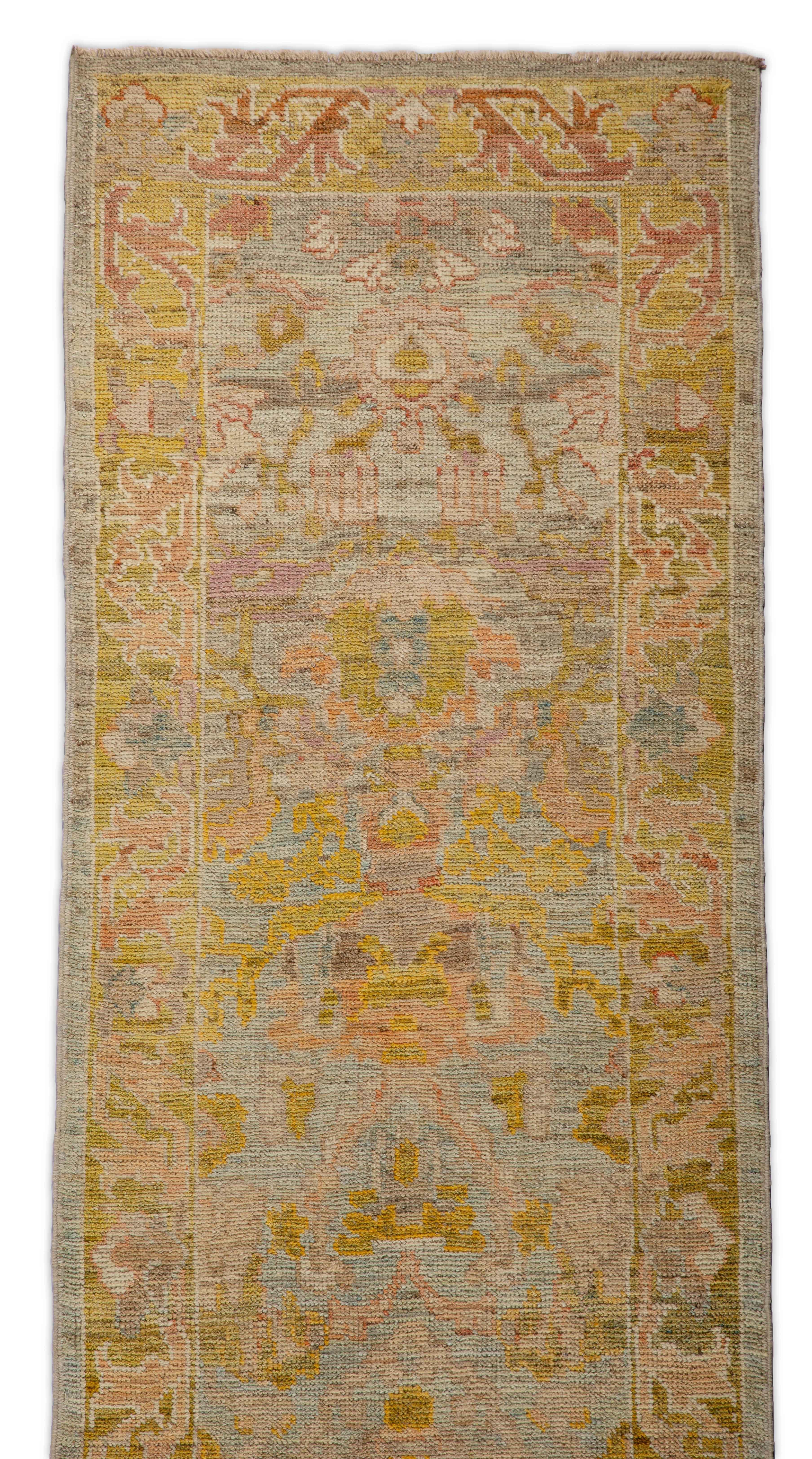Wool Contemporary Oushak Runner Rug from Turkey with Gold and Pink Floral Patterns