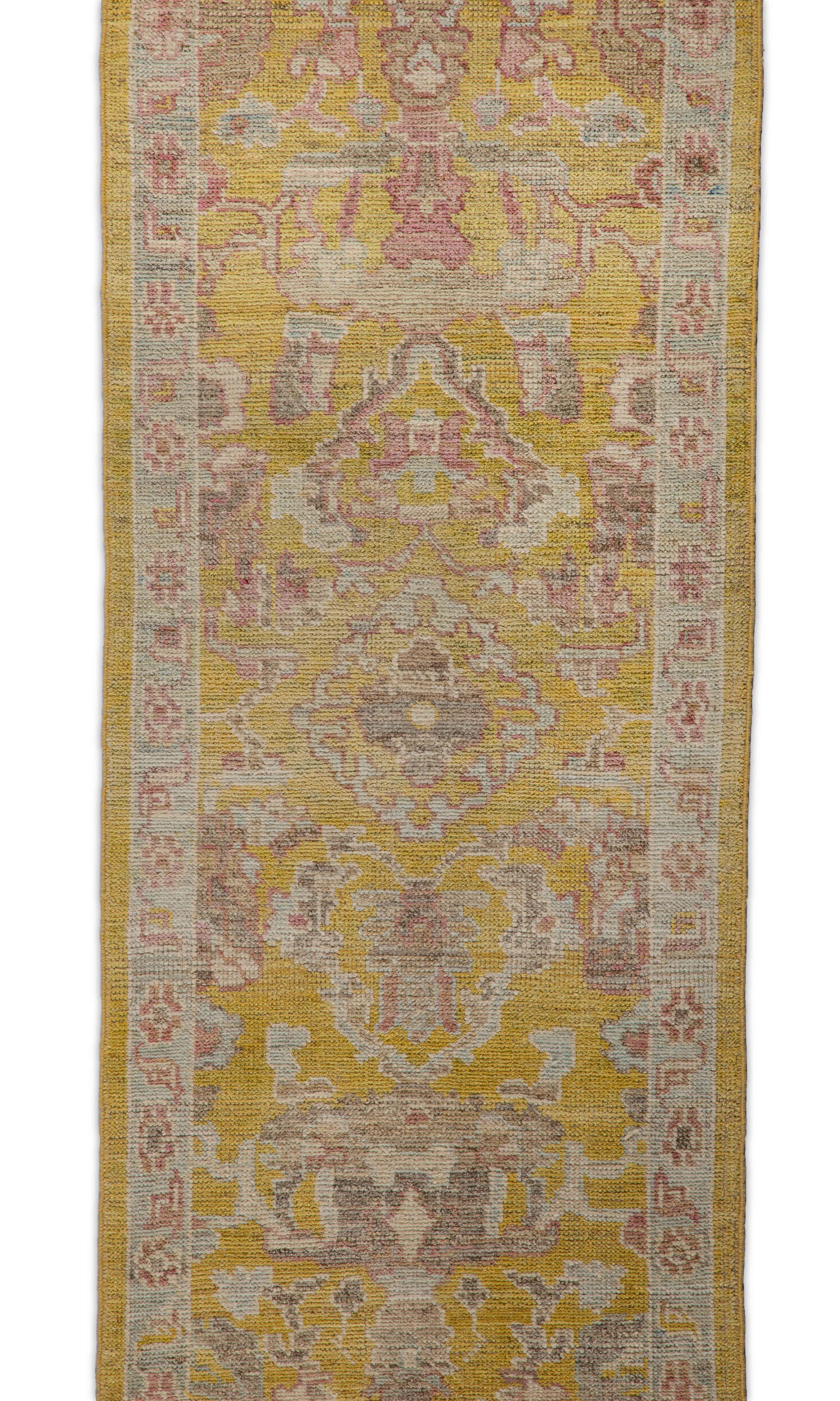 Contemporary Oushak Runner Rug from Turkey with Gold and Pink Floral Patterns For Sale 2