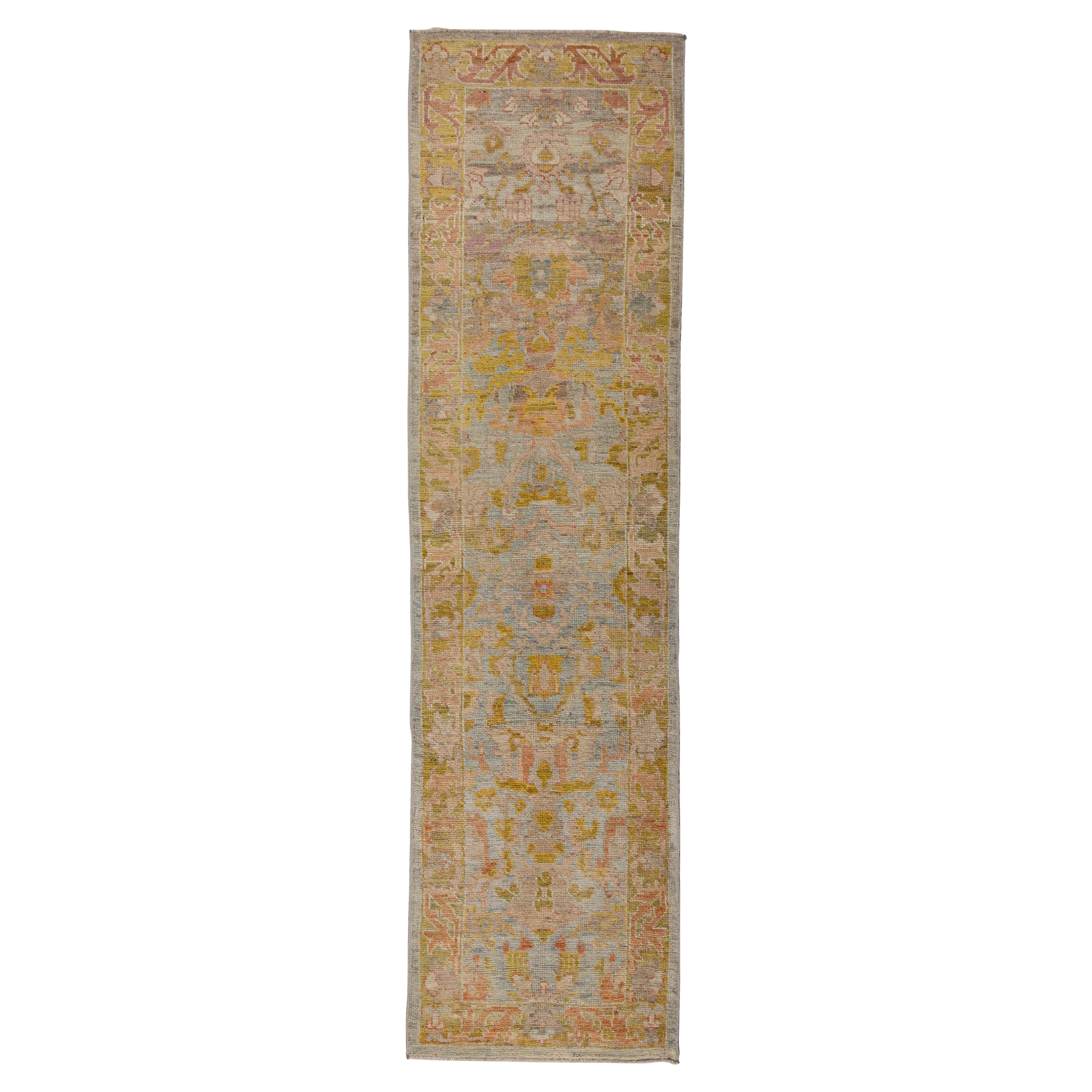 Contemporary Oushak Runner Rug from Turkey with Gold and Pink Floral Patterns