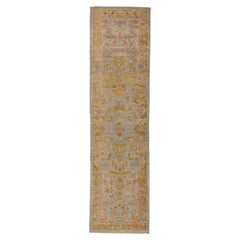 Contemporary Oushak Runner Rug from Turkey with Gold and Pink Floral Patterns