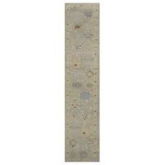 Contemporary Oushak Runner Rug with Floral Patterns in Red & Blue on Gray Field