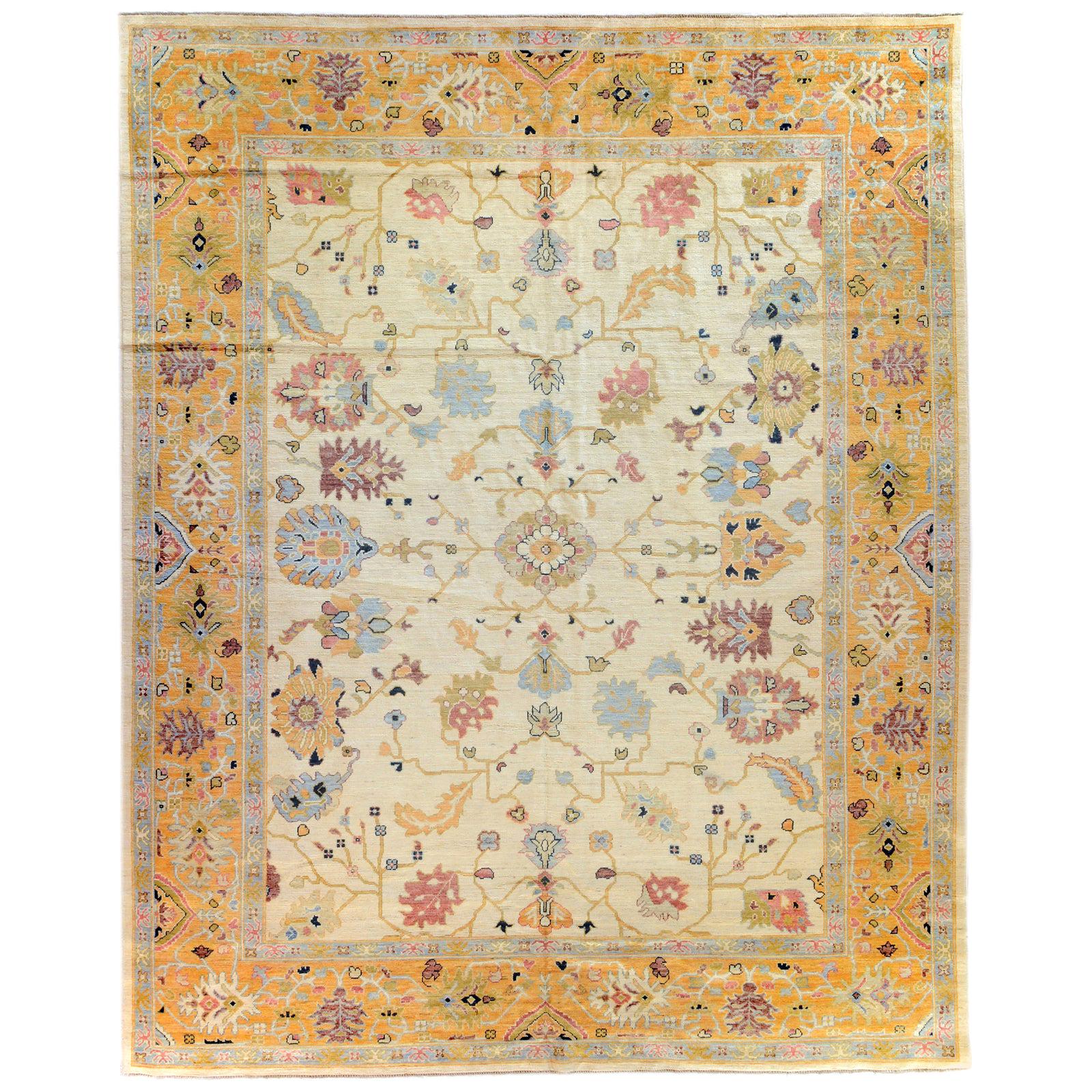 Contemporary Oushak Style Area Rug in Gold and Ivory For Sale
