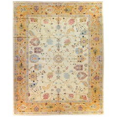 Contemporary Oushak Style Area Rug in Gold and Ivory