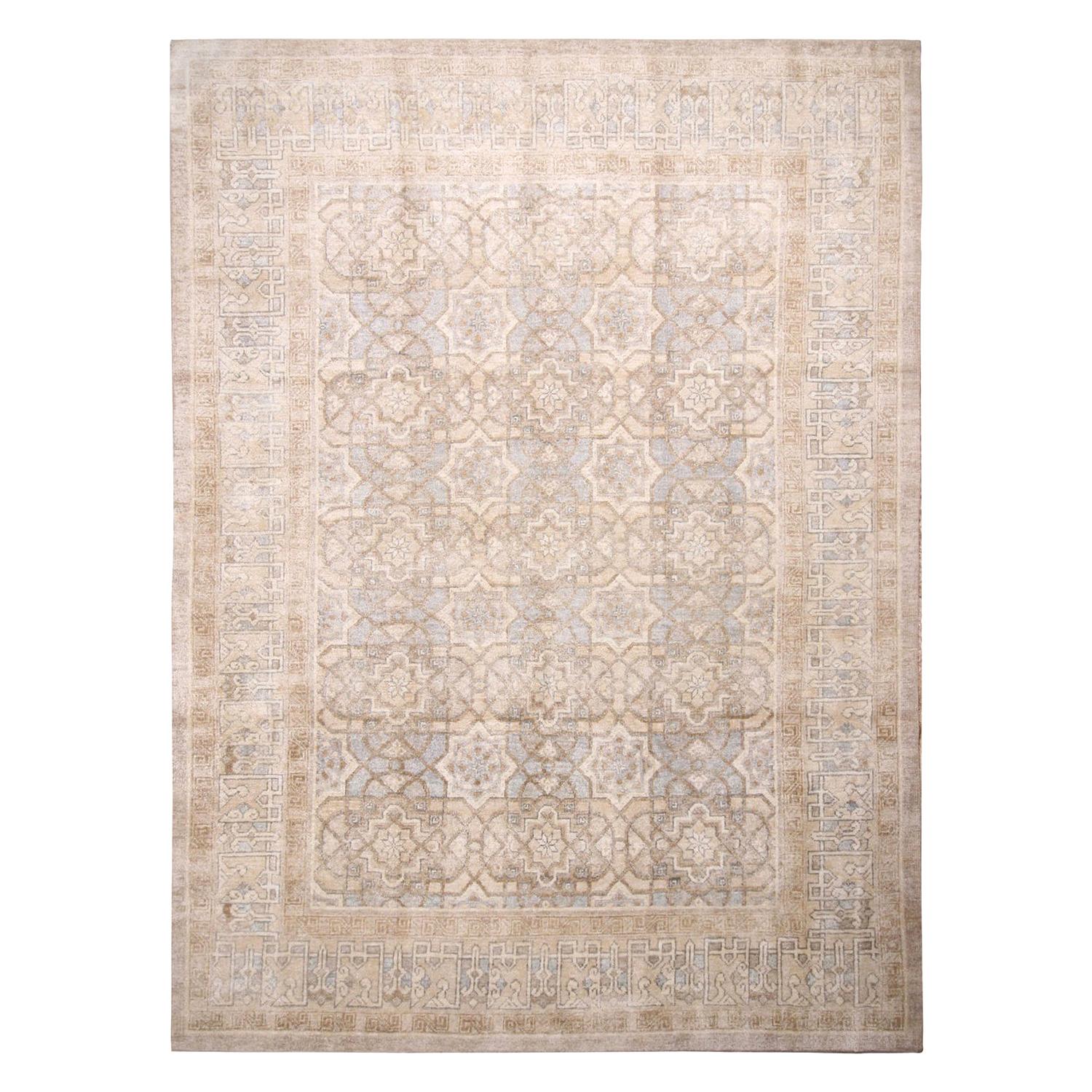 Contemporary Oushak Style Beige Brown and Blue Wool and Silk Rug