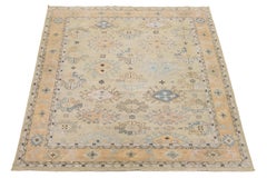 Contemporary Oushak Style Beige Wool Rug Handmade with Floral Pattern