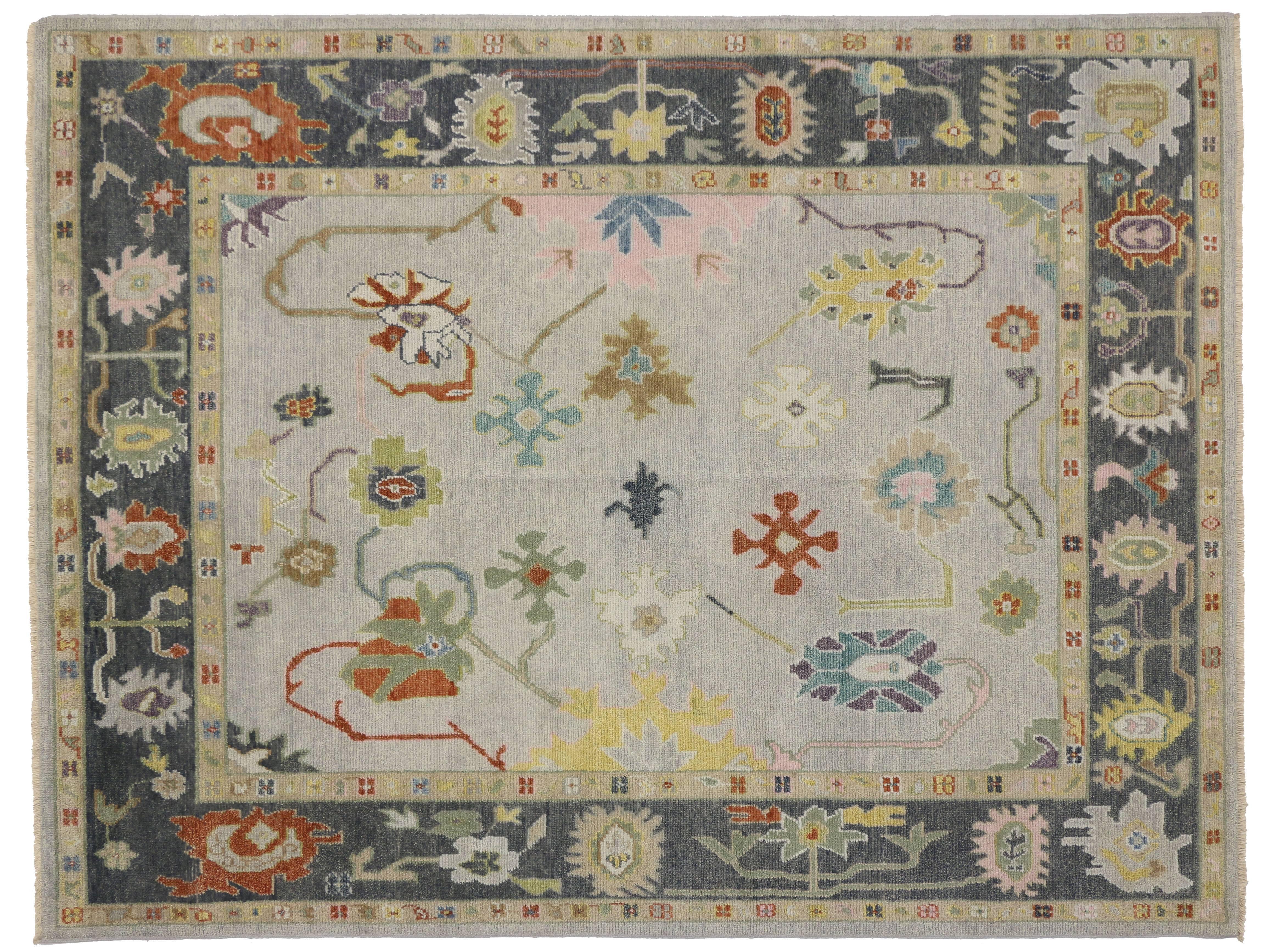 Hand-Knotted New Contemporary Oushak Style Rug with Boho Chic Style and Modern Design For Sale