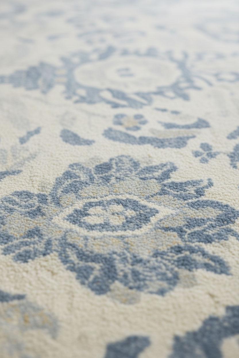 Dieser moderne Teppich ist von der traditionellen Oushak-Knüpfung inspiriert und interpretiert deren charakteristische überdimensionale Blumenmotive in einer raffinierten, modernen Farbpalette neu. Die handgewebte Wolloberfläche zeigt ein