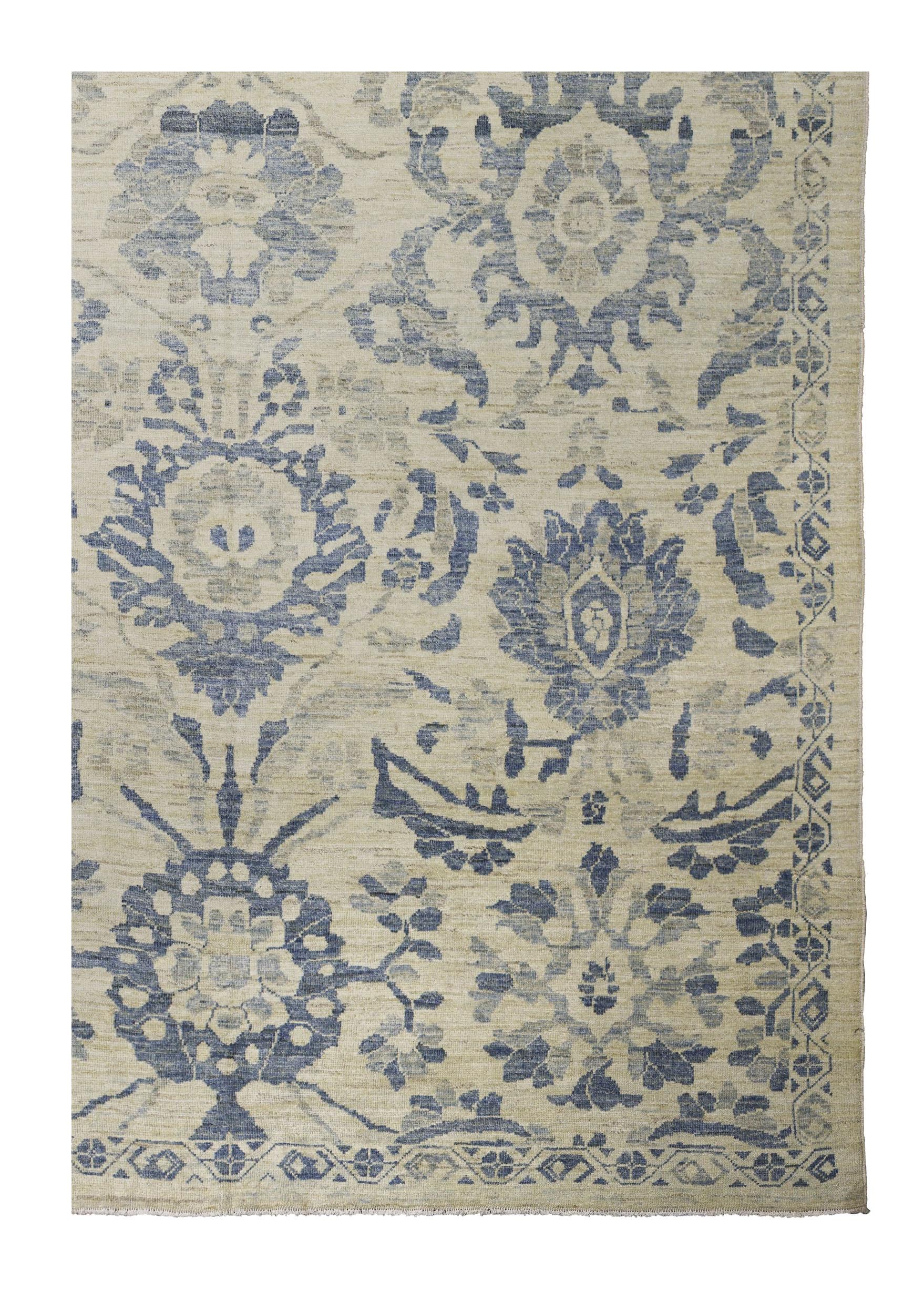 Zeitgenössischer Wollteppich im Oushak-Stil, 8 Fuß × 10 Fuß, Elfenbein und Blau im Zustand „Hervorragend“ im Angebot in Dallas, TX