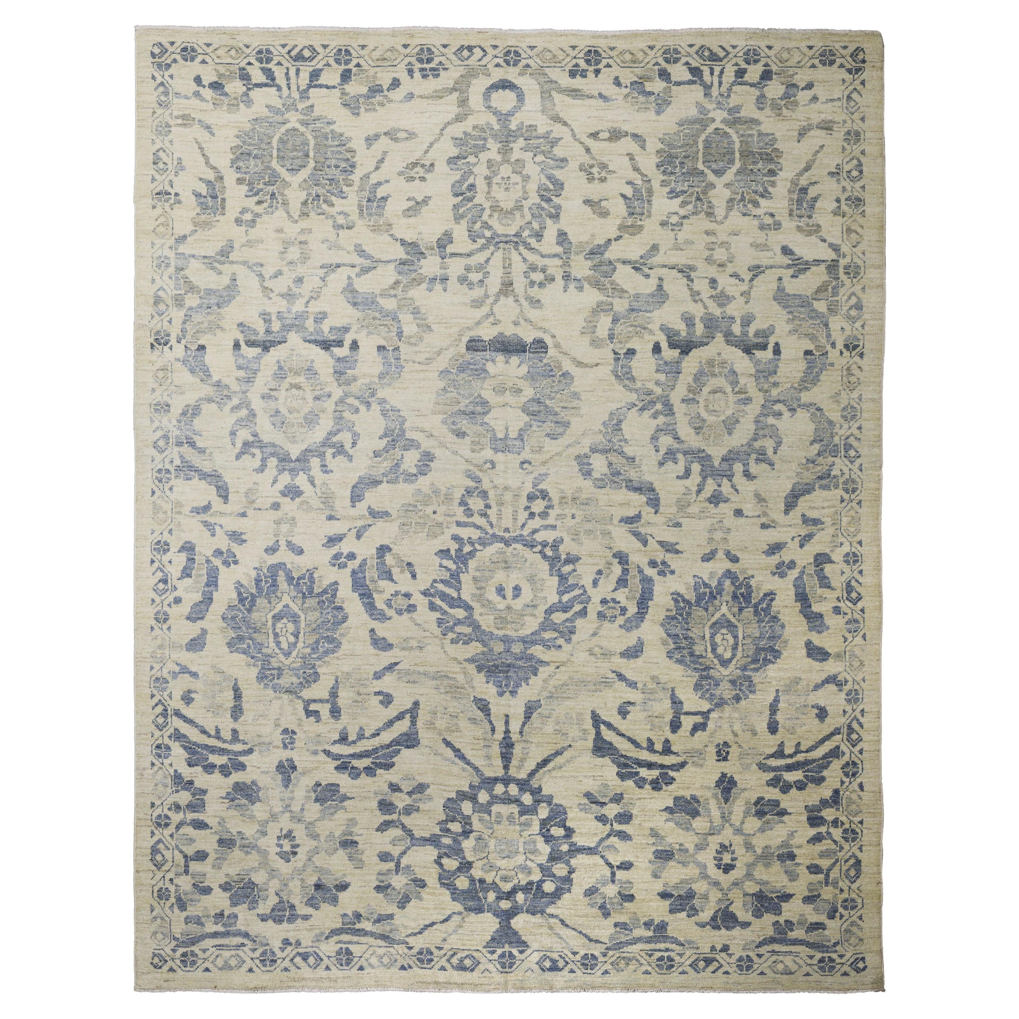 Zeitgenössischer Wollteppich im Oushak-Stil, 8 Fuß × 10 Fuß, Elfenbein und Blau