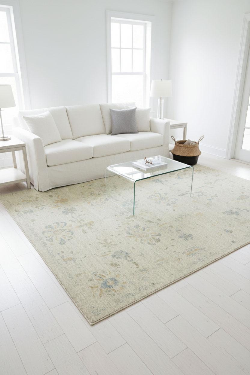 Dieser moderne Wollteppich basiert auf klassischen Oushak-Einflüssen und interpretiert die Tradition mit einem weicheren, minimalistischen Touch neu. Das helle elfenbeinfarbene Feld wird durch verstreute florale und botanische Motive in zartem Blau,