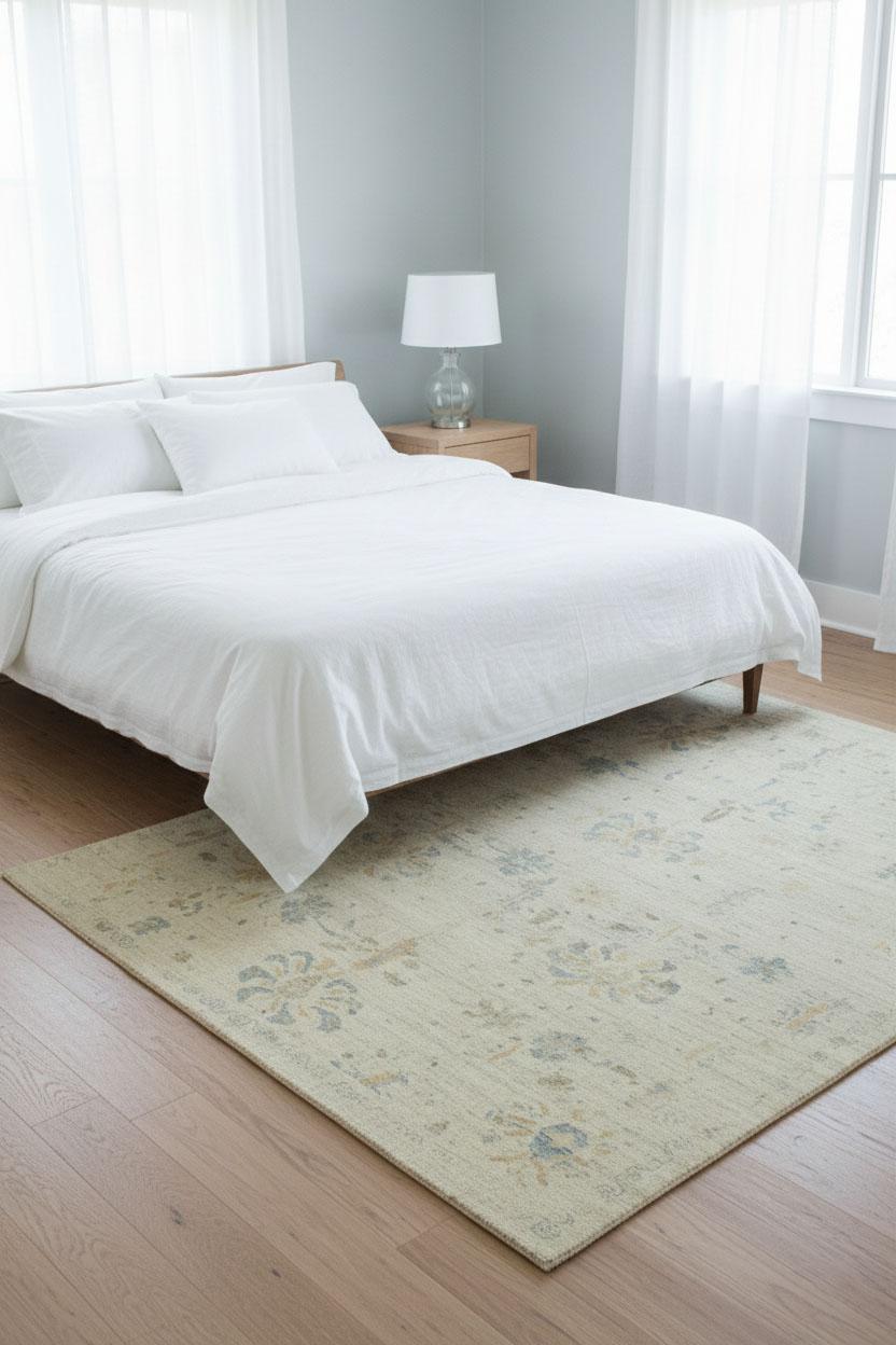 Zeitgenössischer Wollteppich im Oushak-Stil, 9 ft × 11 ft 7 in, Elfenbein und Soft Blue (Afghanisch) im Angebot