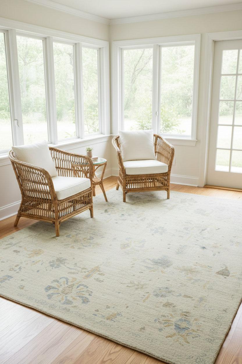 Zeitgenössischer Wollteppich im Oushak-Stil, 9 ft × 11 ft 7 in, Elfenbein und Soft Blue (Handgewebt) im Angebot