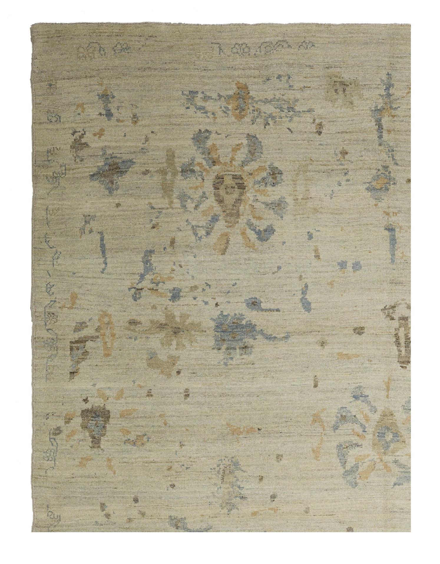 Zeitgenössischer Wollteppich im Oushak-Stil, 9 ft × 11 ft 7 in, Elfenbein und Soft Blue im Zustand „Hervorragend“ im Angebot in Dallas, TX