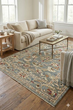 Contemporary Oushak-Style Woven Rug, 7 ft × 9 ft , Blue and Ivory with