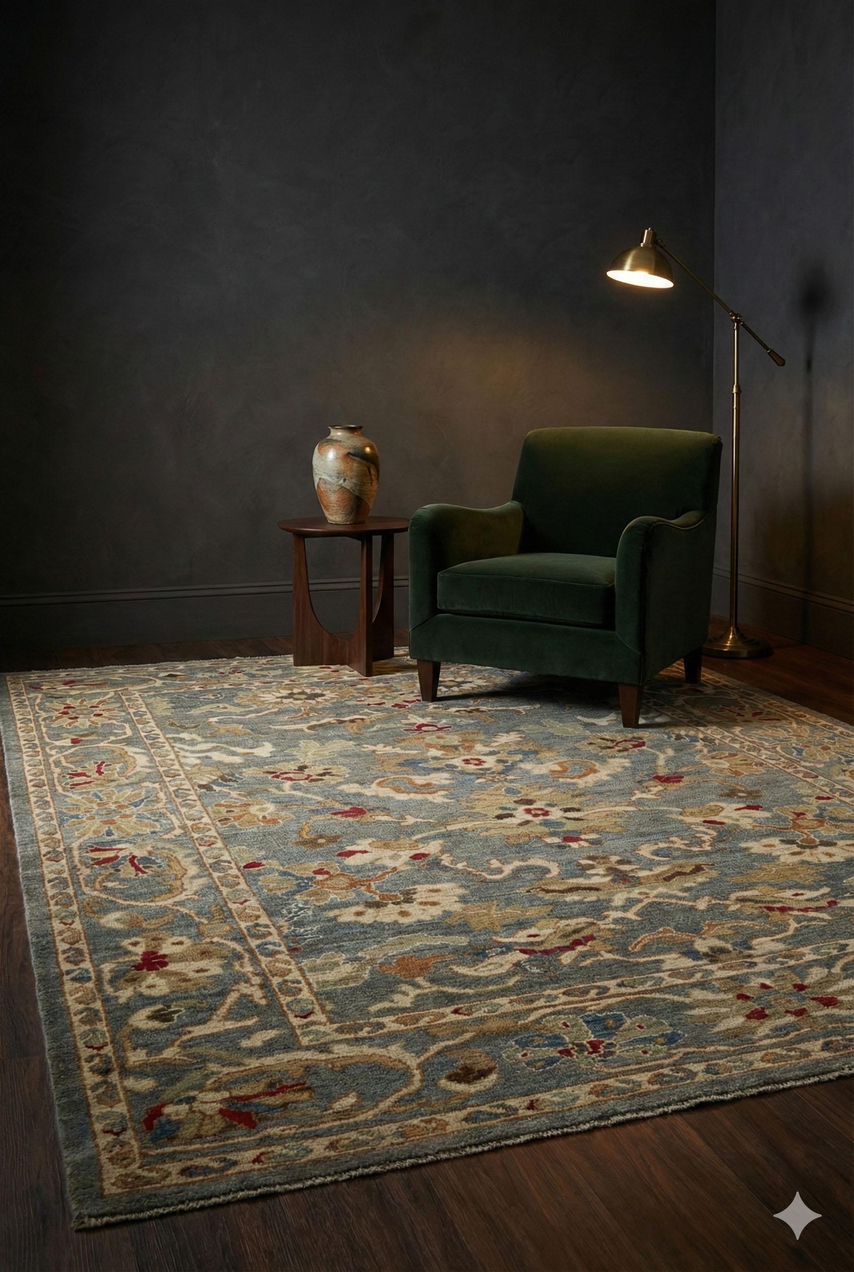 Zeitgenössischer Webteppich im Oushak-Stil, 7 Fuß × 9 Fuß, blau und elfenbeinfarben mit (Handgewebt) im Angebot