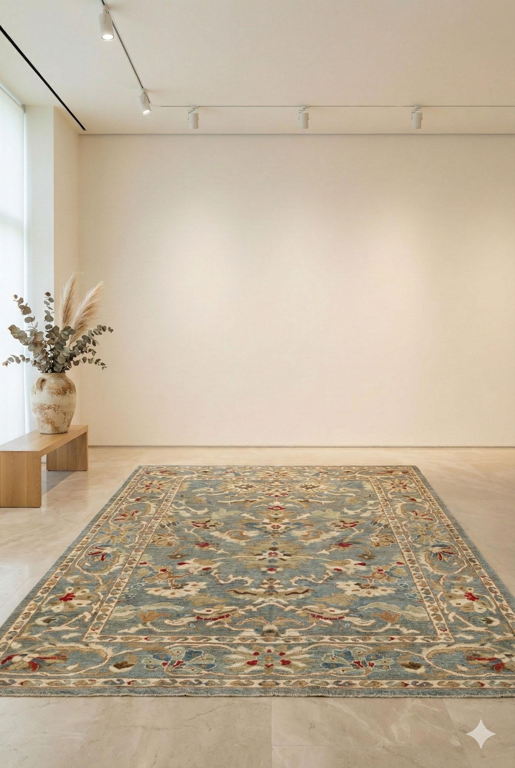 Zeitgenössischer Webteppich im Oushak-Stil, 7 Fuß × 9 Fuß, blau und elfenbeinfarben mit im Zustand „Hervorragend“ im Angebot in Dallas, TX