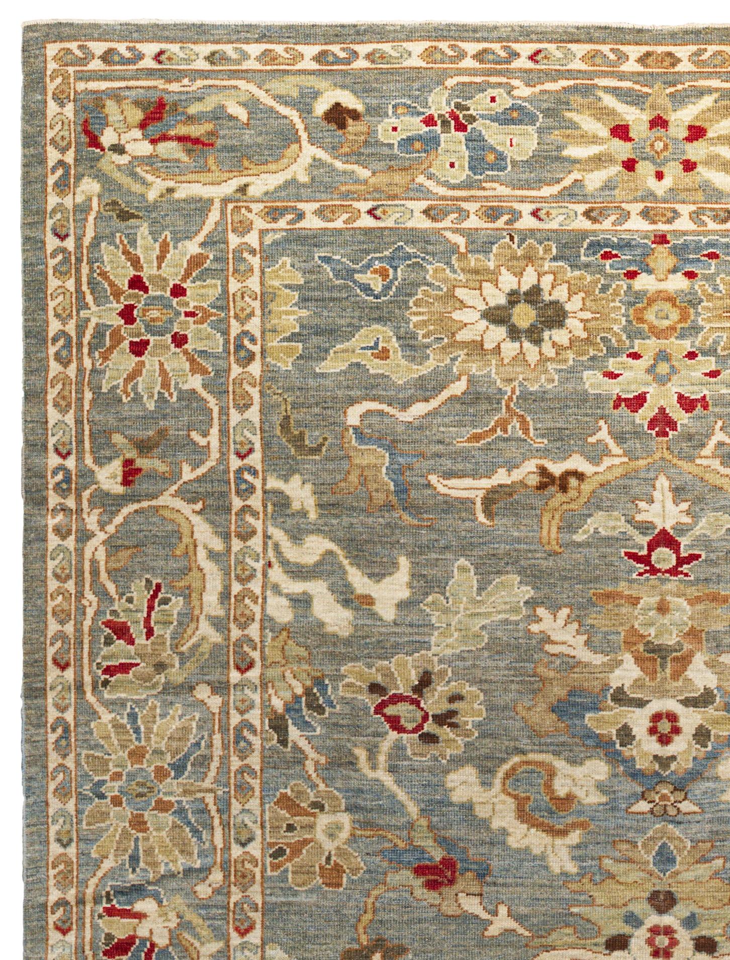 Zeitgenössischer Webteppich im Oushak-Stil, 7 Fuß × 9 Fuß, blau und elfenbeinfarben mit (21. Jahrhundert und zeitgenössisch) im Angebot