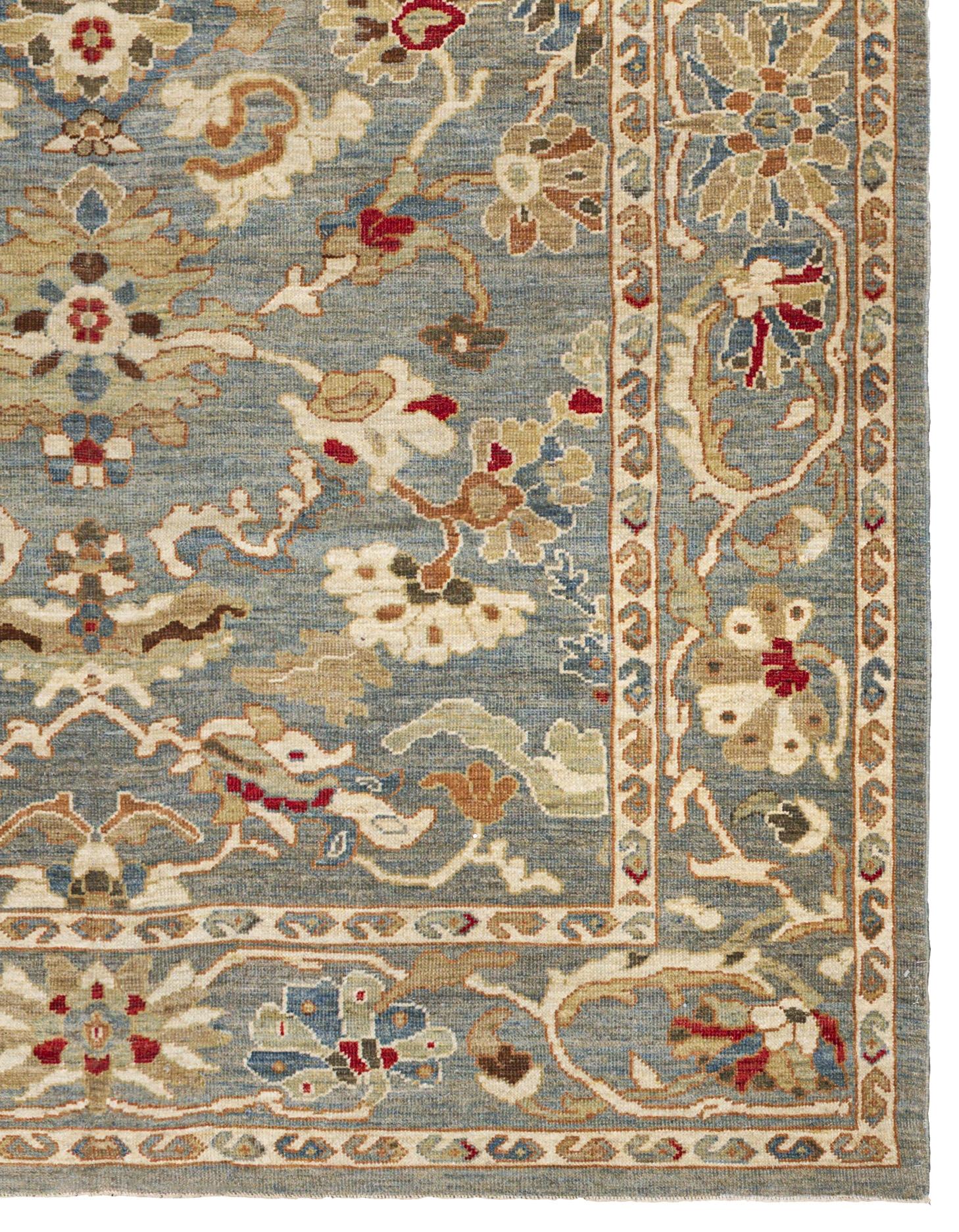 Zeitgenössischer Webteppich im Oushak-Stil, 7 Fuß × 9 Fuß, blau und elfenbeinfarben mit (Wolle) im Angebot