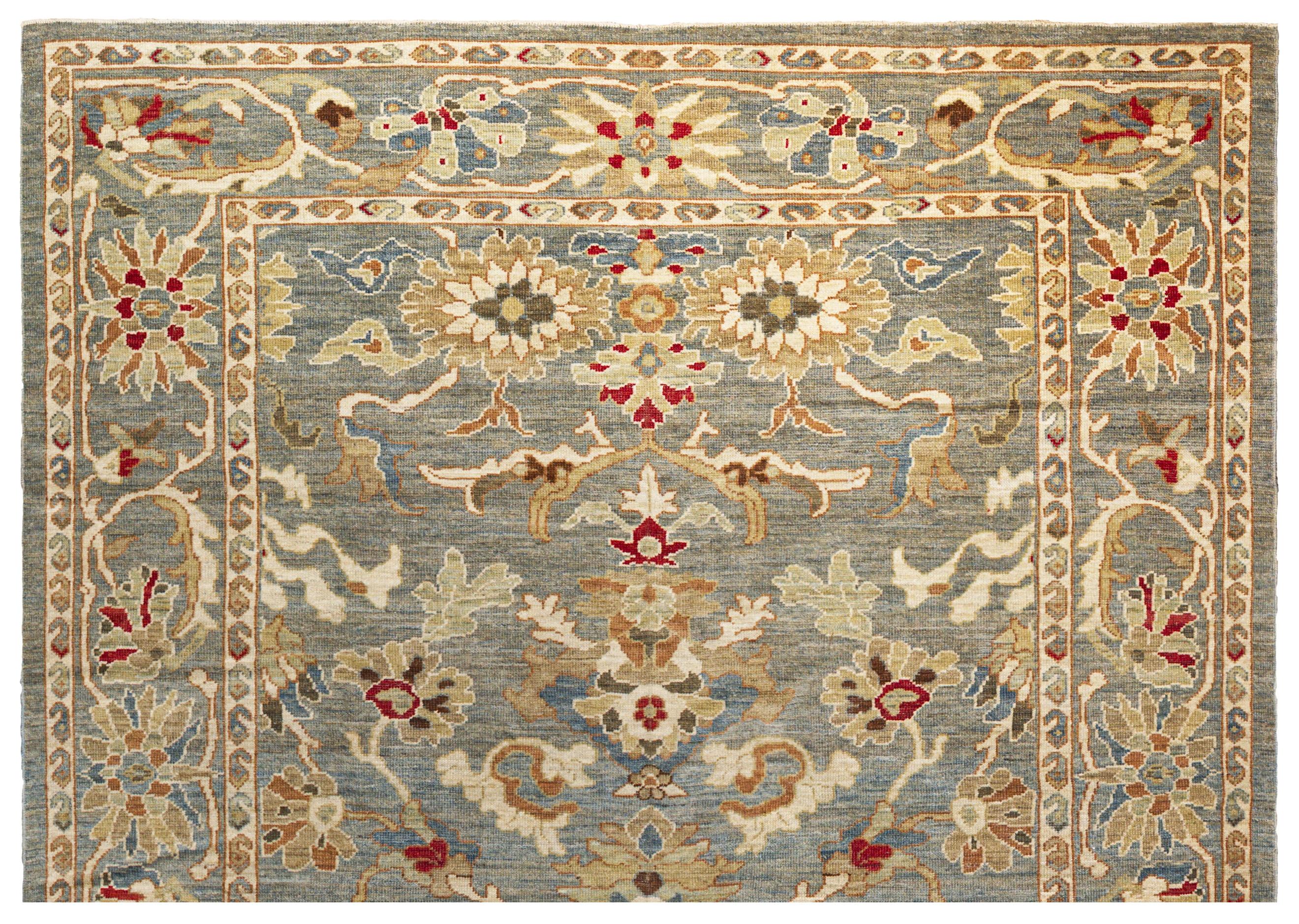 Zeitgenössischer Webteppich im Oushak-Stil, 7 Fuß × 9 Fuß, blau und elfenbeinfarben mit im Angebot 2