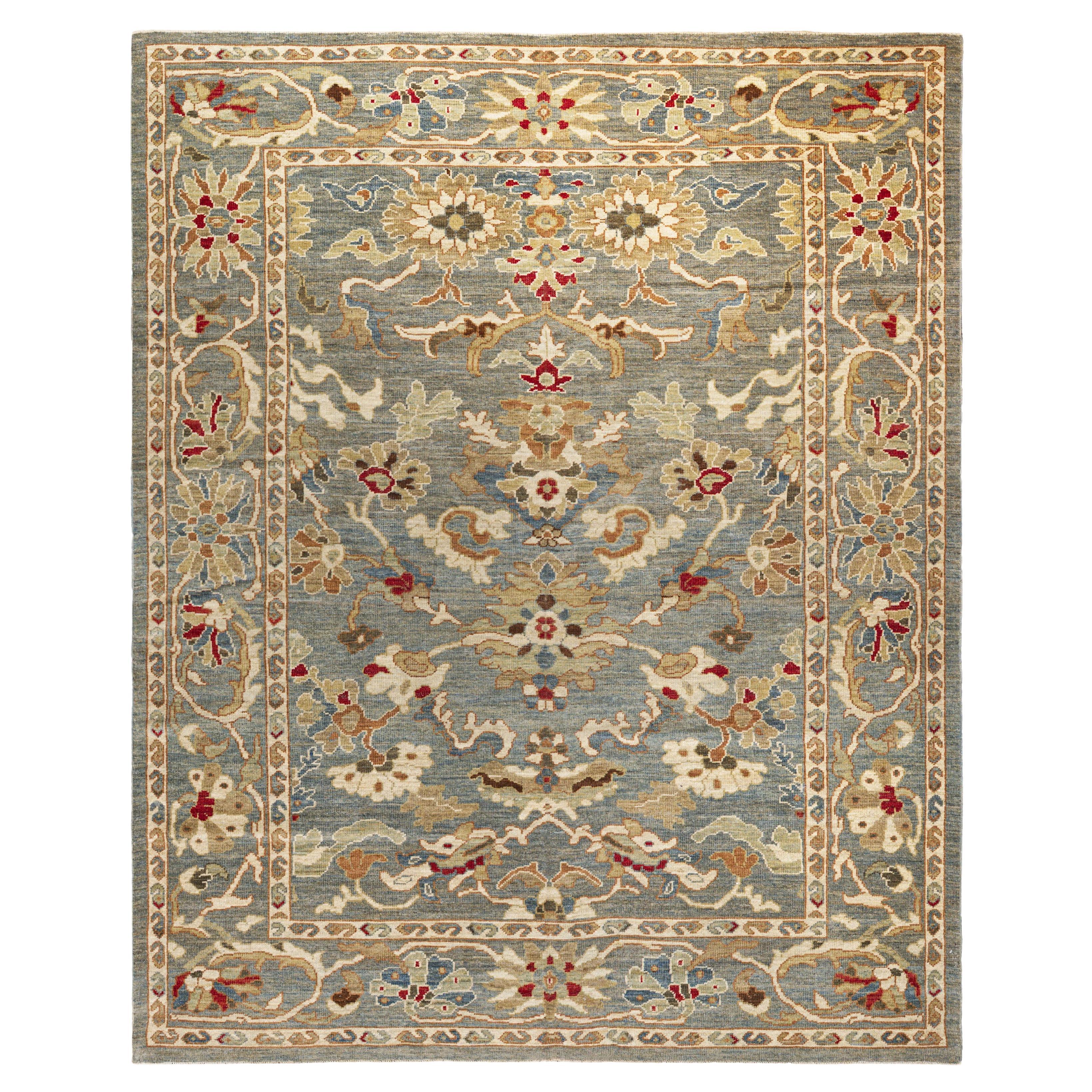 Zeitgenössischer Webteppich im Oushak-Stil, 7 Fuß × 9 Fuß, blau und elfenbeinfarben mit